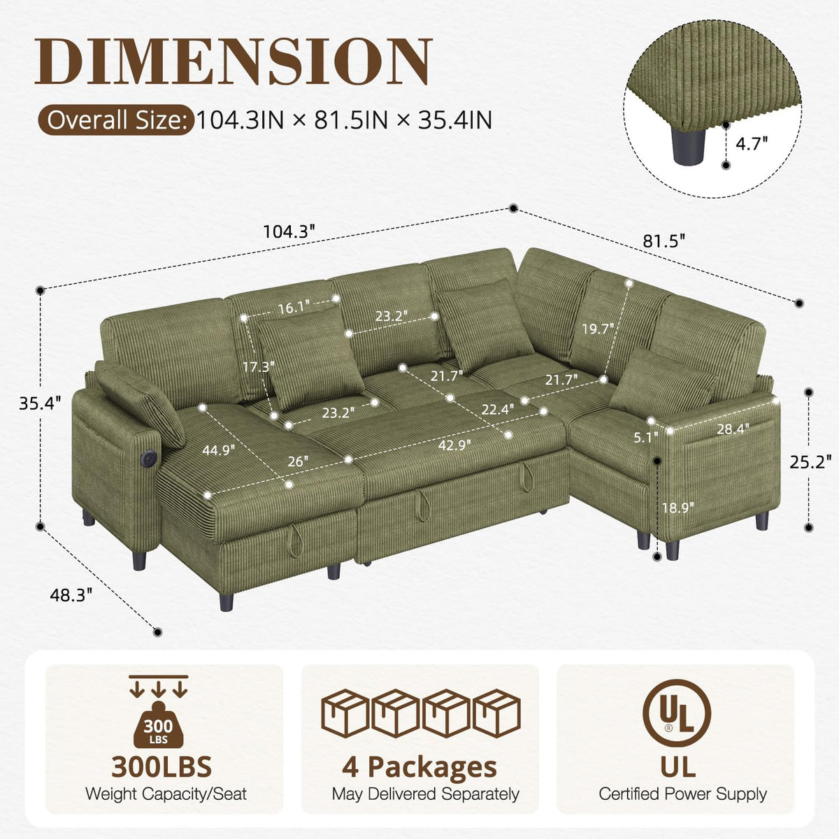 HOMREST 6-Seater Modular Sofa Bed with Reversible Storage Chaise Lounge, Corduroy U-Shaped Convertible Sleeper Couch Set , Green