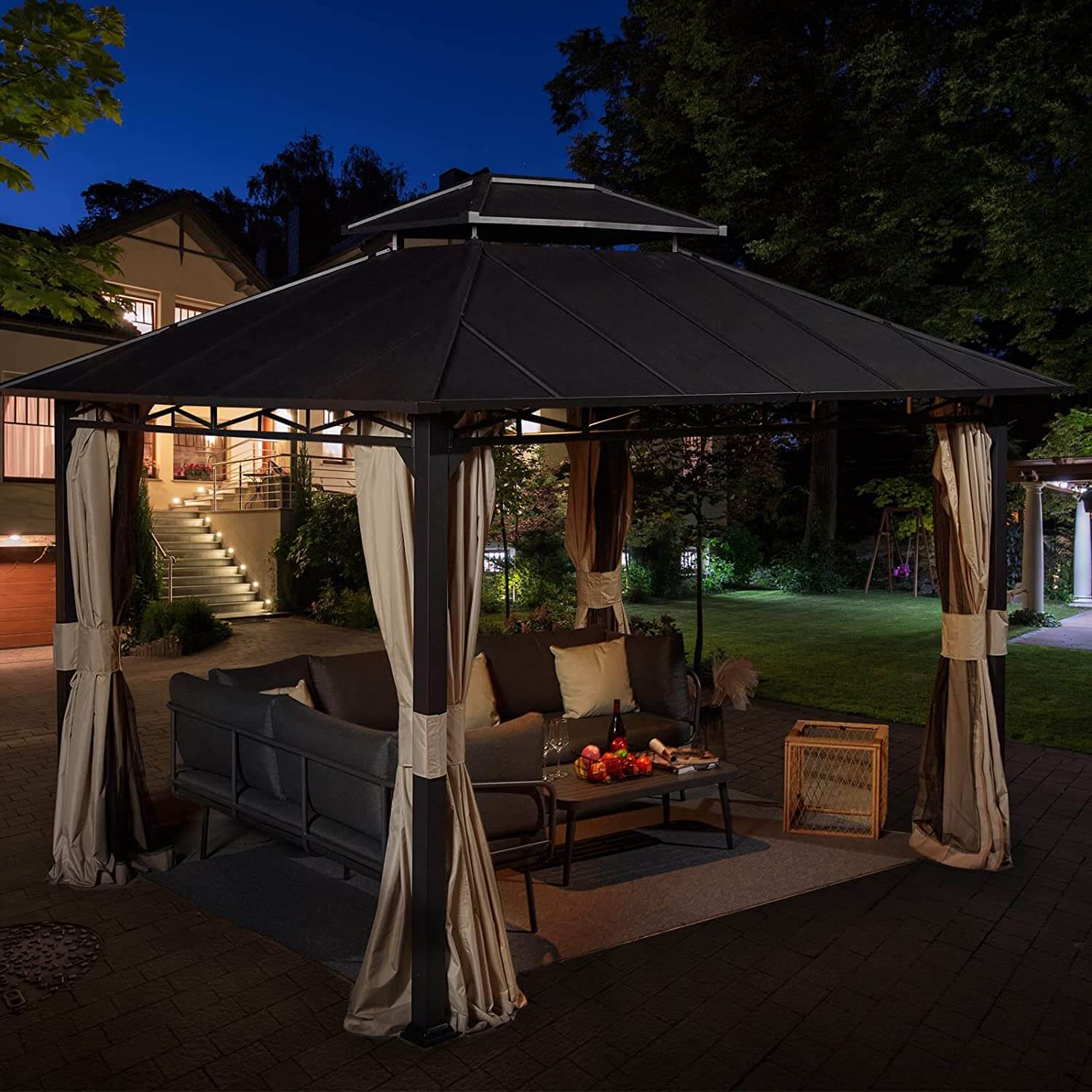 Homrest 10' x 12' Iron Gazebo Hardtop Double Roof w/ Anti-Rust Coating Frame, Waterproof Curtains & Netting