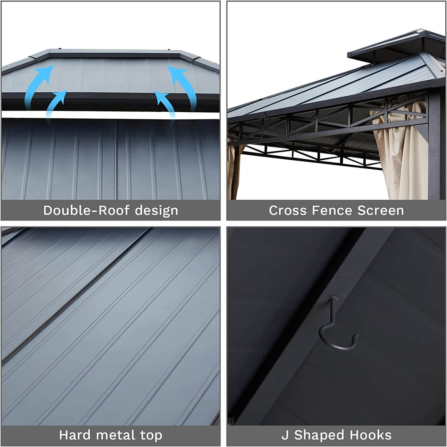 Homrest 10' x 12' Iron Gazebo Hardtop Double Roof w/ Anti-Rust Coating Frame, Waterproof Curtains & Netting