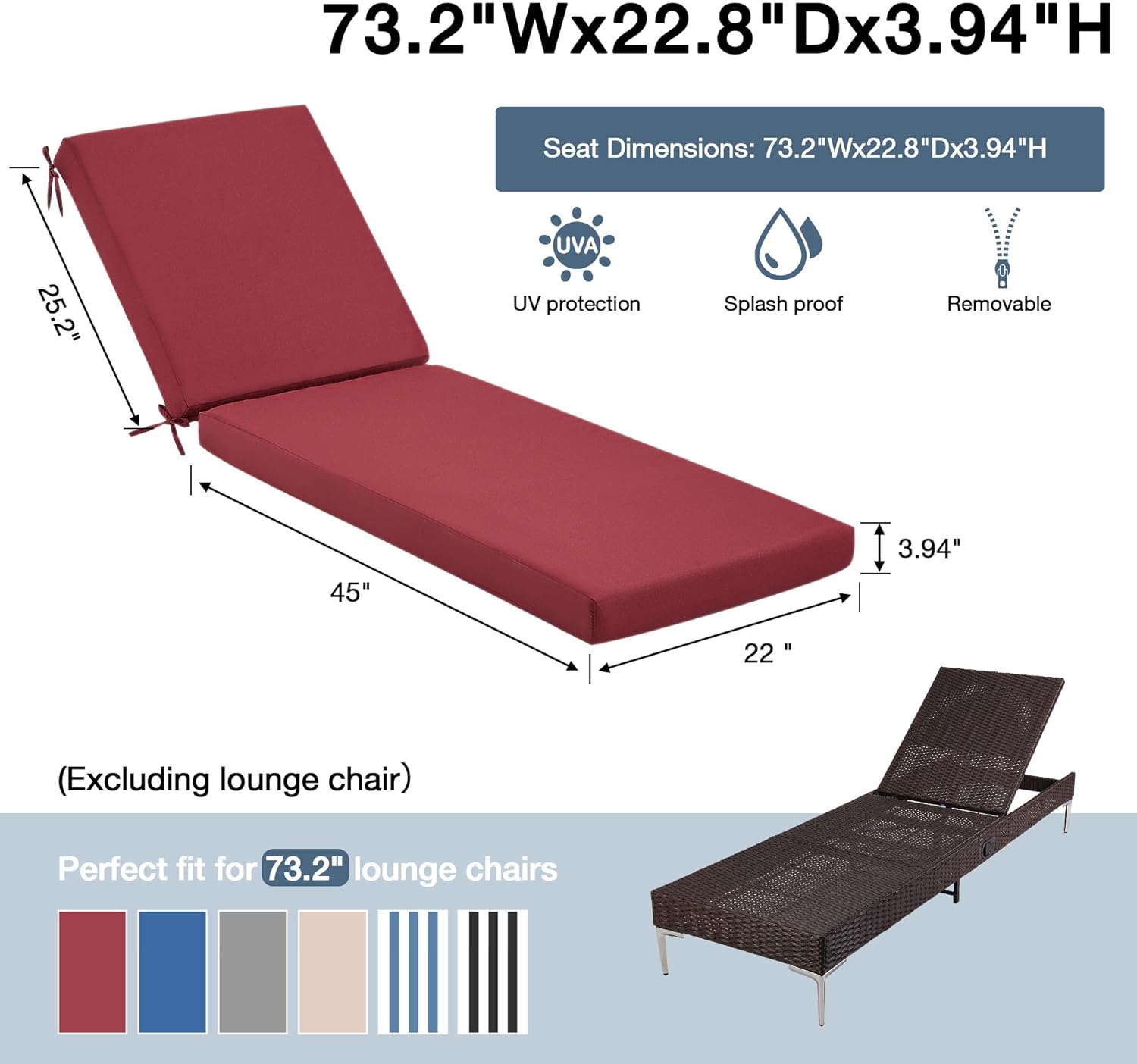 HOMREST Outdoor Lounge Chair Cushion Replacement, Burgundy