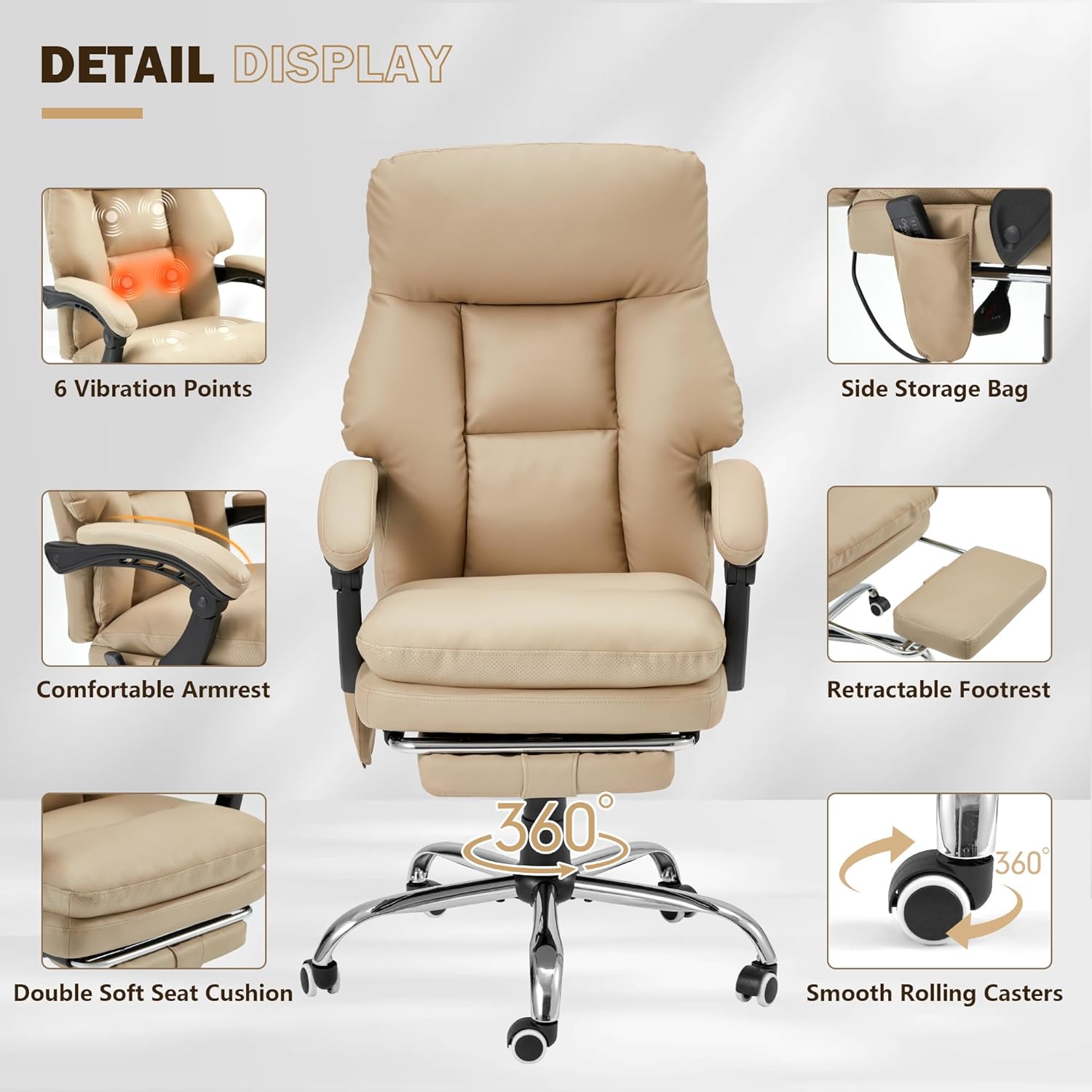 HOMREST Ergonomic Office Chair with Massage & Heating, Adjustable with Footrest, PU Leather (Khaki)