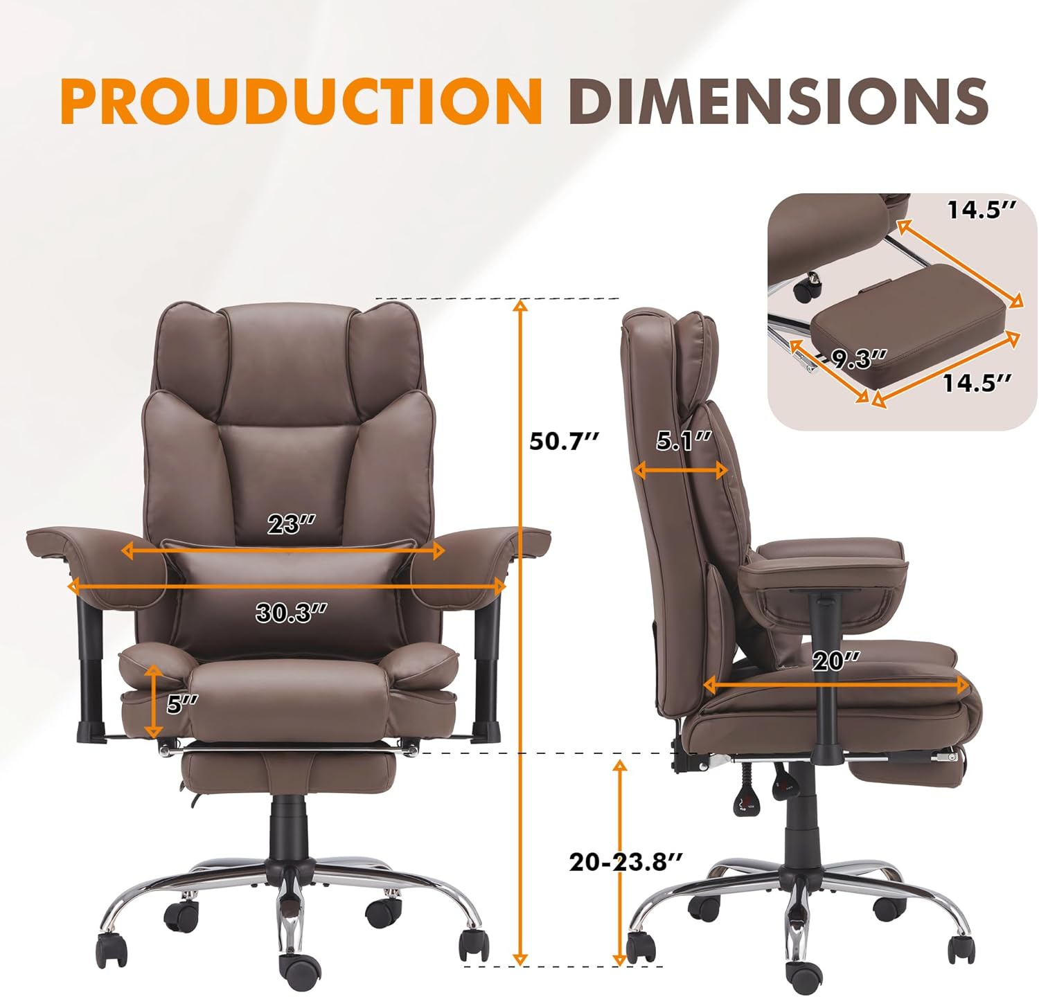 Homrest Executive Office Chair with Adjustable Reclining and Retractable Footrest, Brown