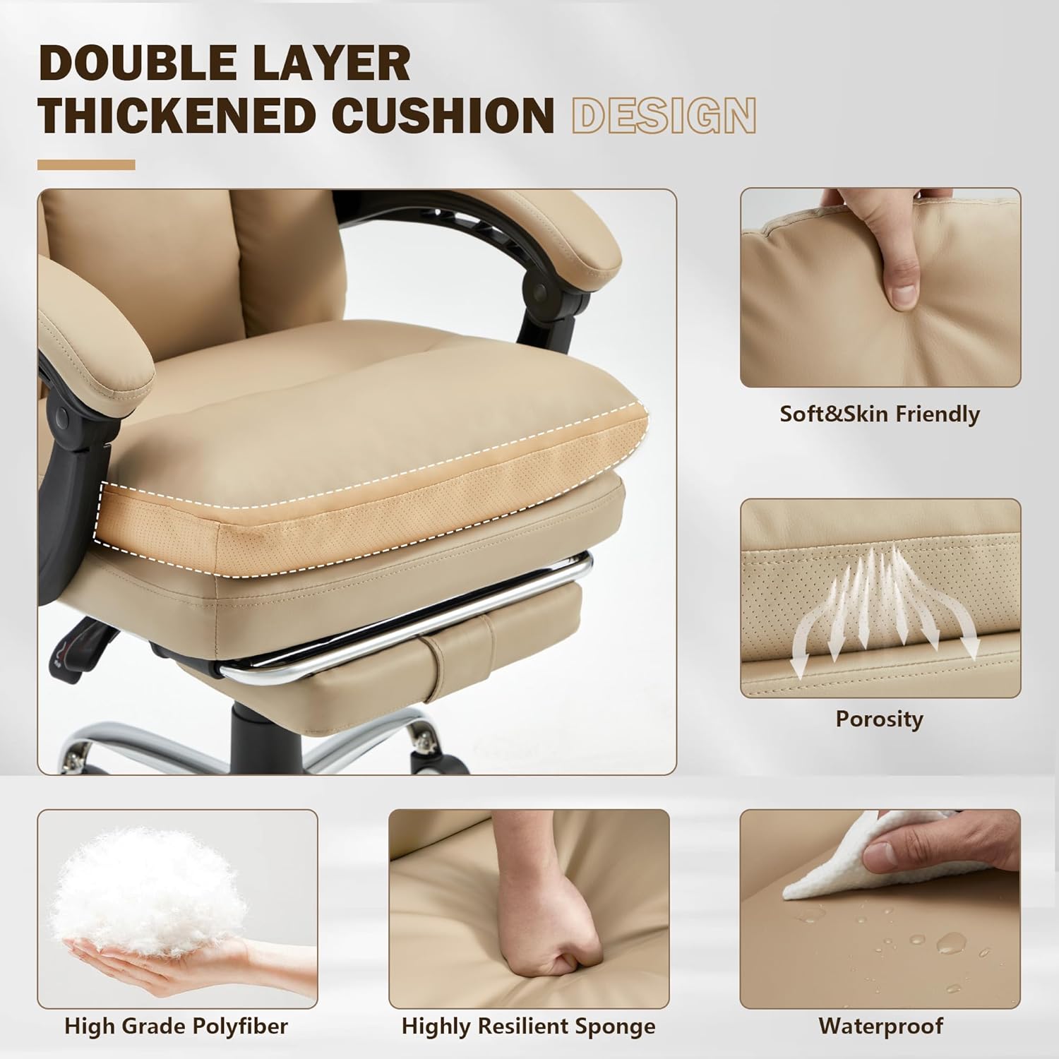 HOMREST Ergonomic Office Chair with Massage & Heating, Adjustable with Footrest, PU Leather (Khaki)