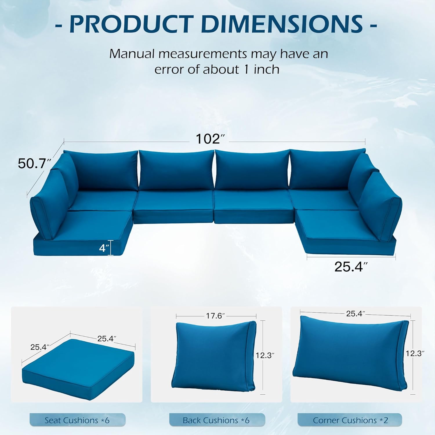 Homrest Outdoor Replacement Cushions for  6-Seat Patio Conversation Sets, Peacock Blue