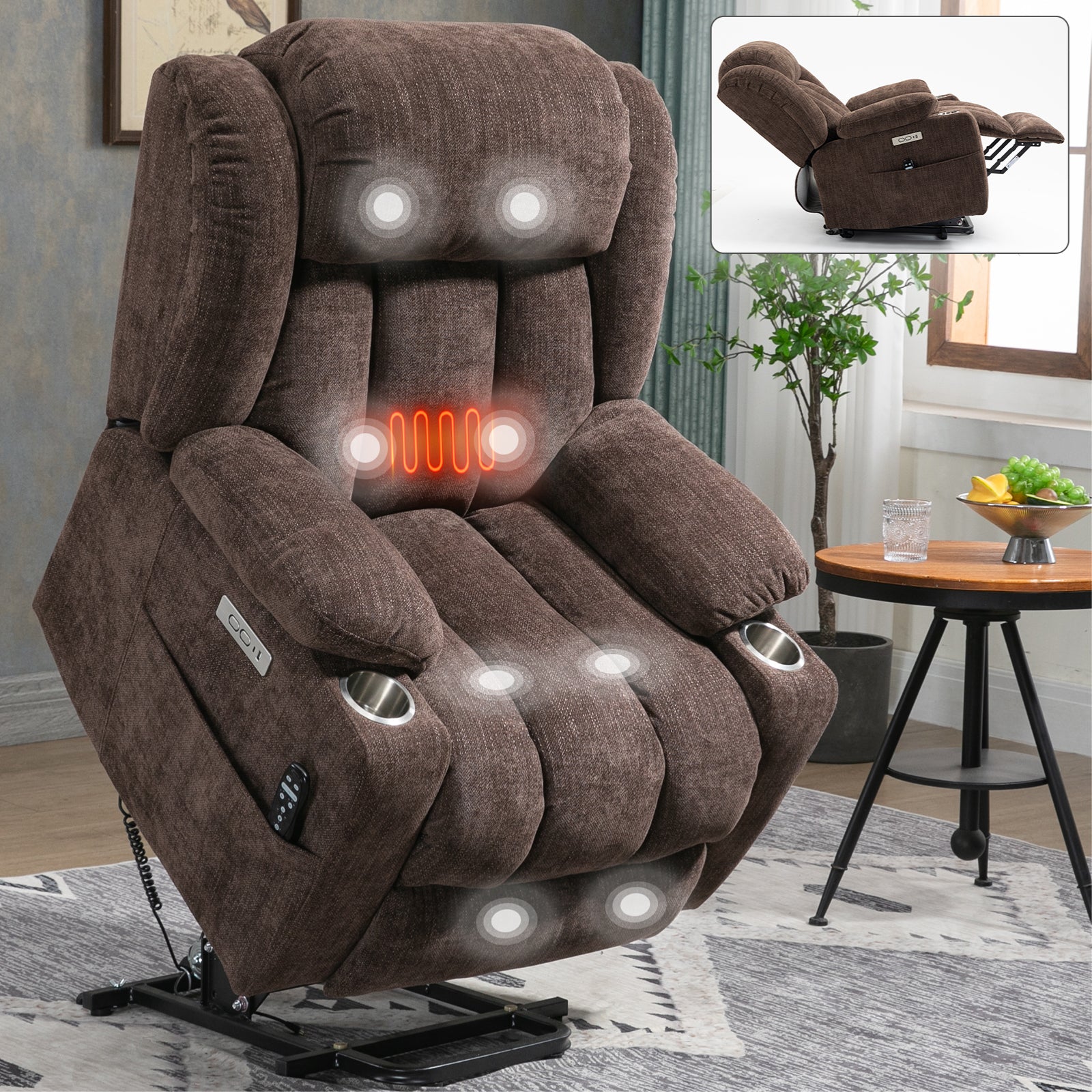 Homrest Premium Electric Recliner Chair with 8-Point Massage & Heating, Plush Chenille Fabric, Dark Brown