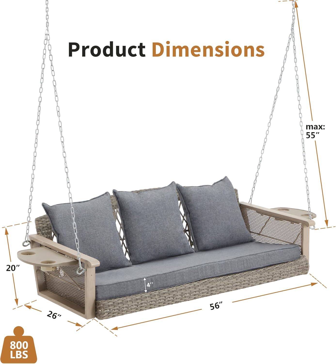 3-Seater Patio Swing Bed with Cup Holders and Cushions , Gray