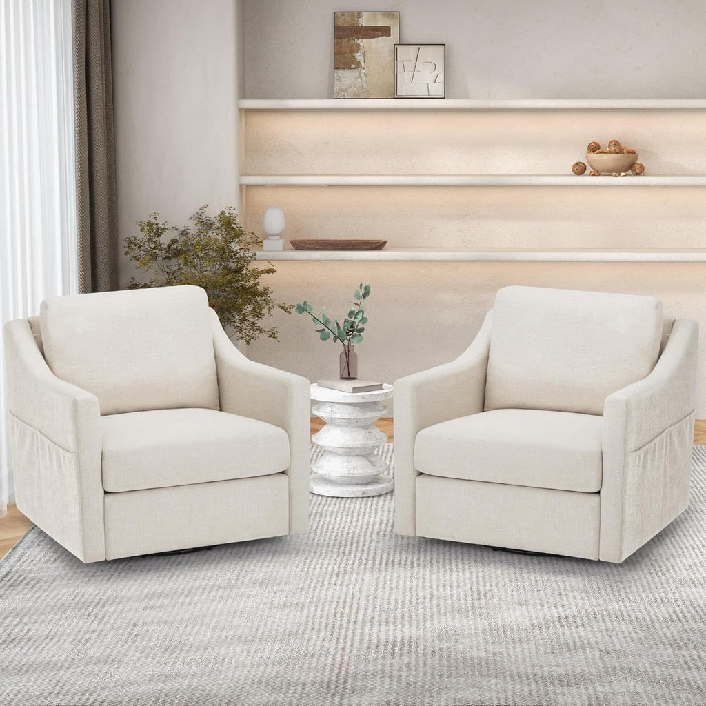 Swivel accent chair set of 2, linen fabric armchair with removable cover for reception, beige