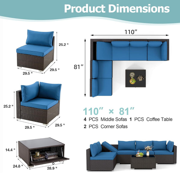 Homrest 7 Piece Outdoor Patio Furniture with Storage Table, Cushions and Pillows, Blue