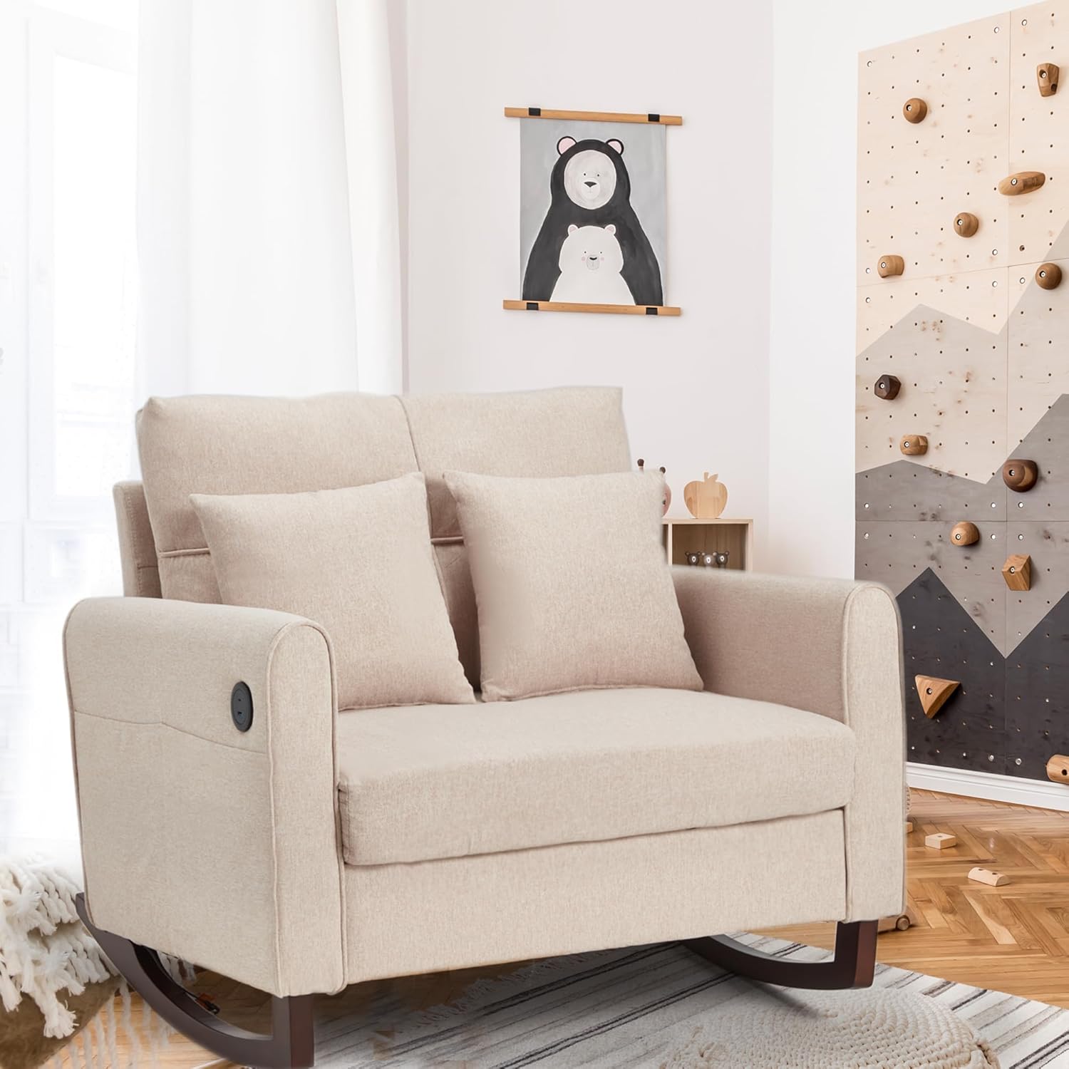 Upholstered Oversize Rocking Chair with Side Pocket USB Port, Beige | Homrest