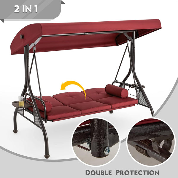 3-Seat Porch Swing with Adjustable Canopy and Backrest, Wine Red
