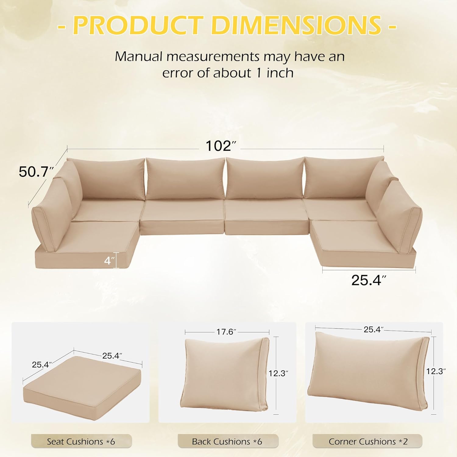 Homrest Outdoor Replacement Cushions for  6-Seat Patio Conversation Sets, Khaki
