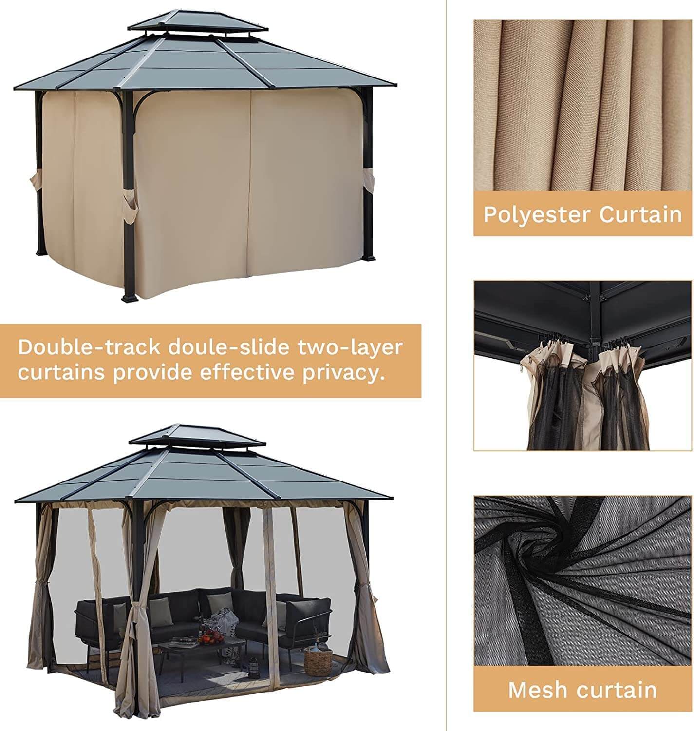 Homrest 10' x 12' Hardtop Gazebo Outdoor Double Iron Roof with Curtains and Netting