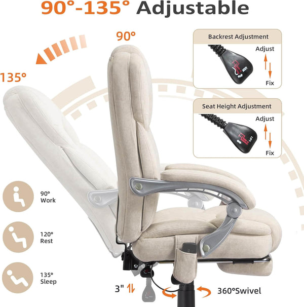 Executive Office Chair, Ergonomic Desk Chair Big and Tall Massage and Heated, Off White