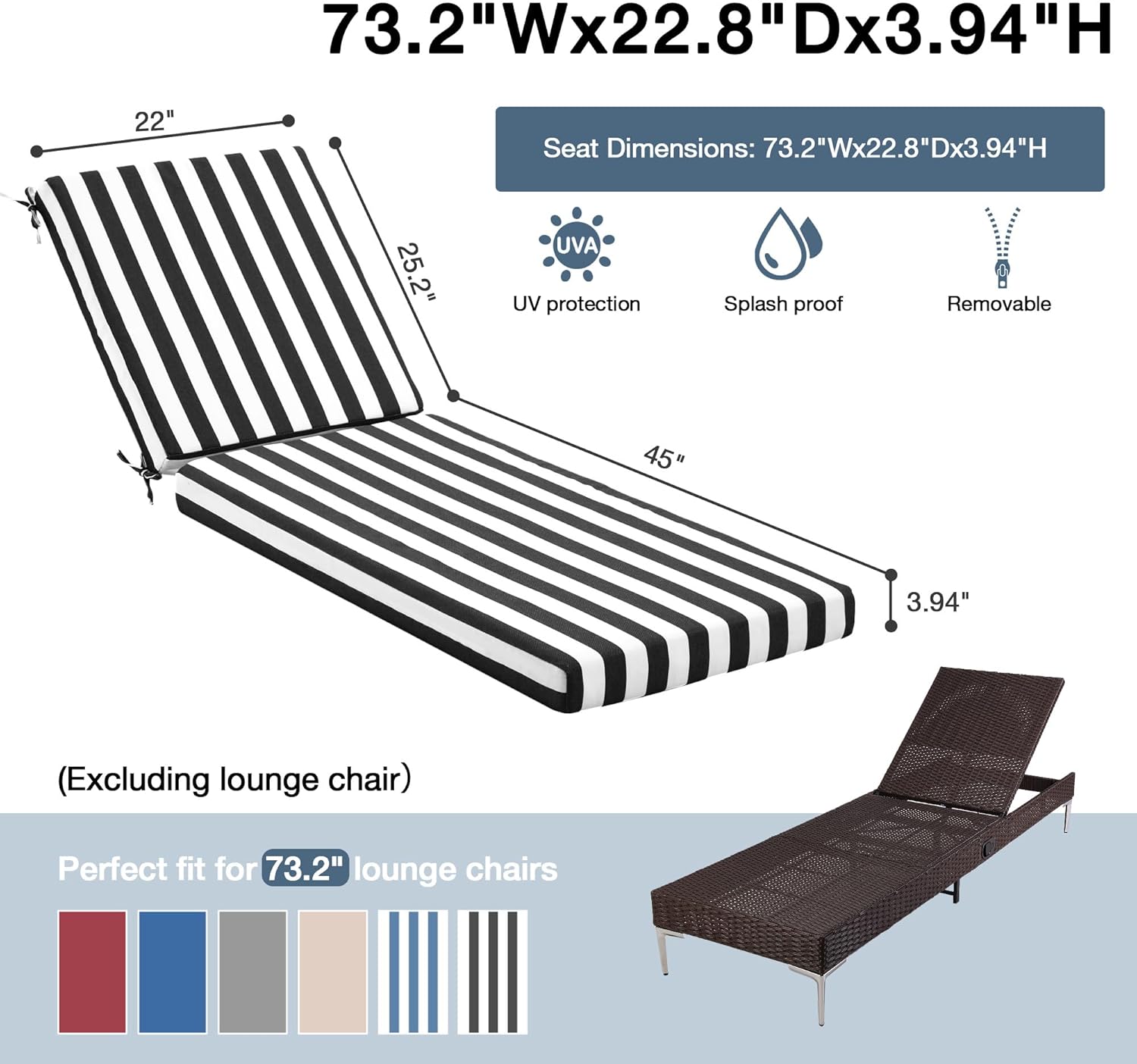 HOMREST Outdoor Lounge Chair Cushion,Waterproof Lounge Cushion Replacement, Black White Stripes