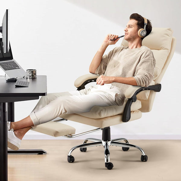 Homrest Reclining Executive Office Chair with Heat, Massage and Footrest, Beige