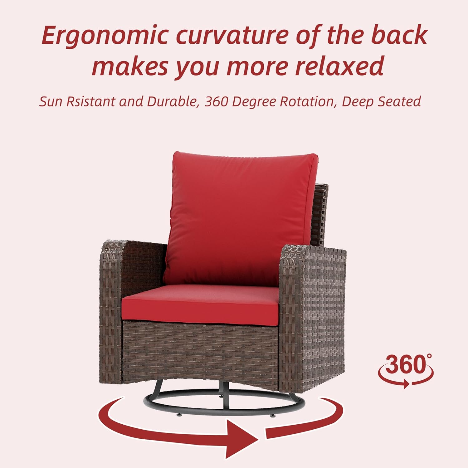 HOMREST 3 Piece Outdoor Swivel Chairs - Wicker Patio Bistro Table and Chairs Set, Wine Red