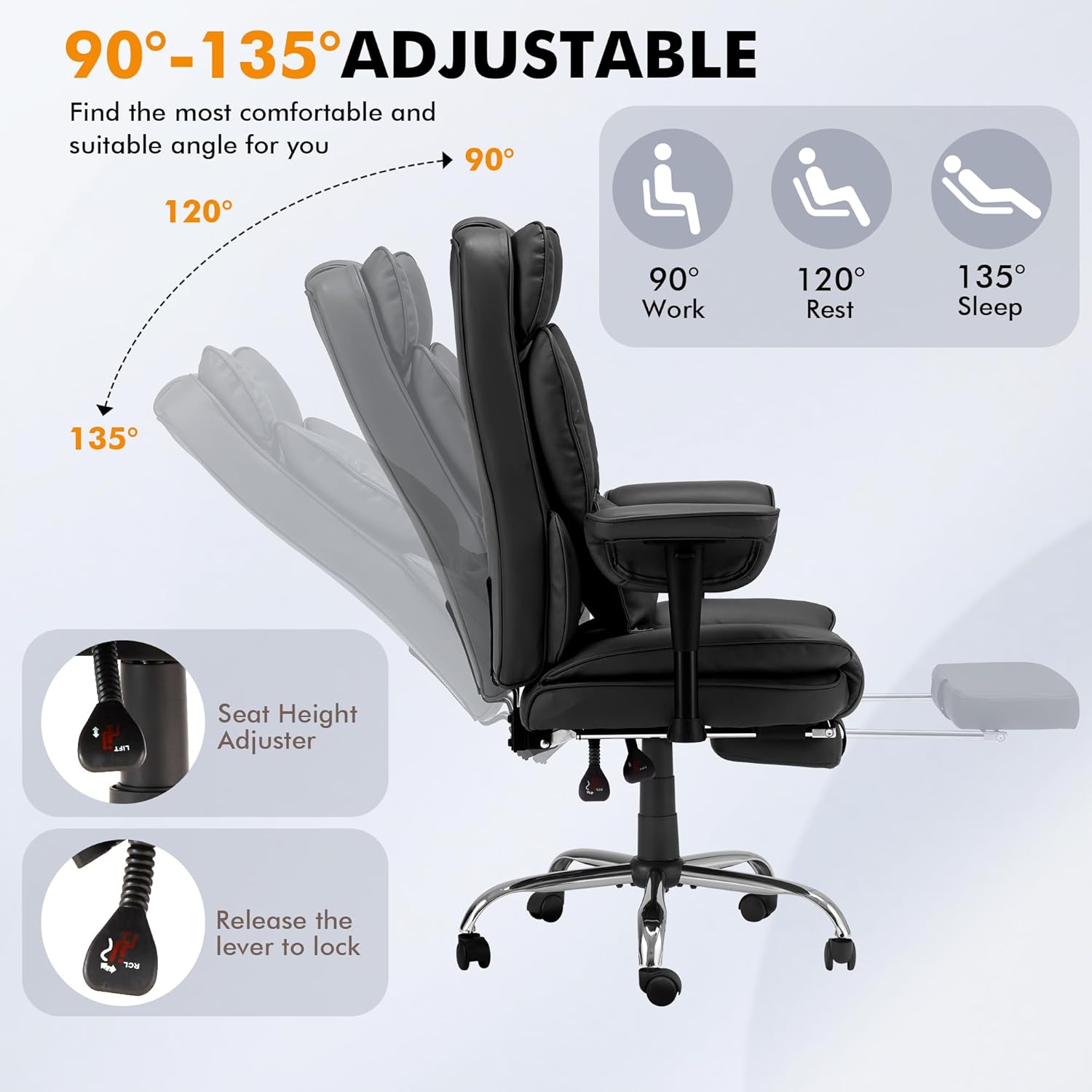 Homrest Executive Office Chair with Adjustable Reclining and Retractable Footrest, Black