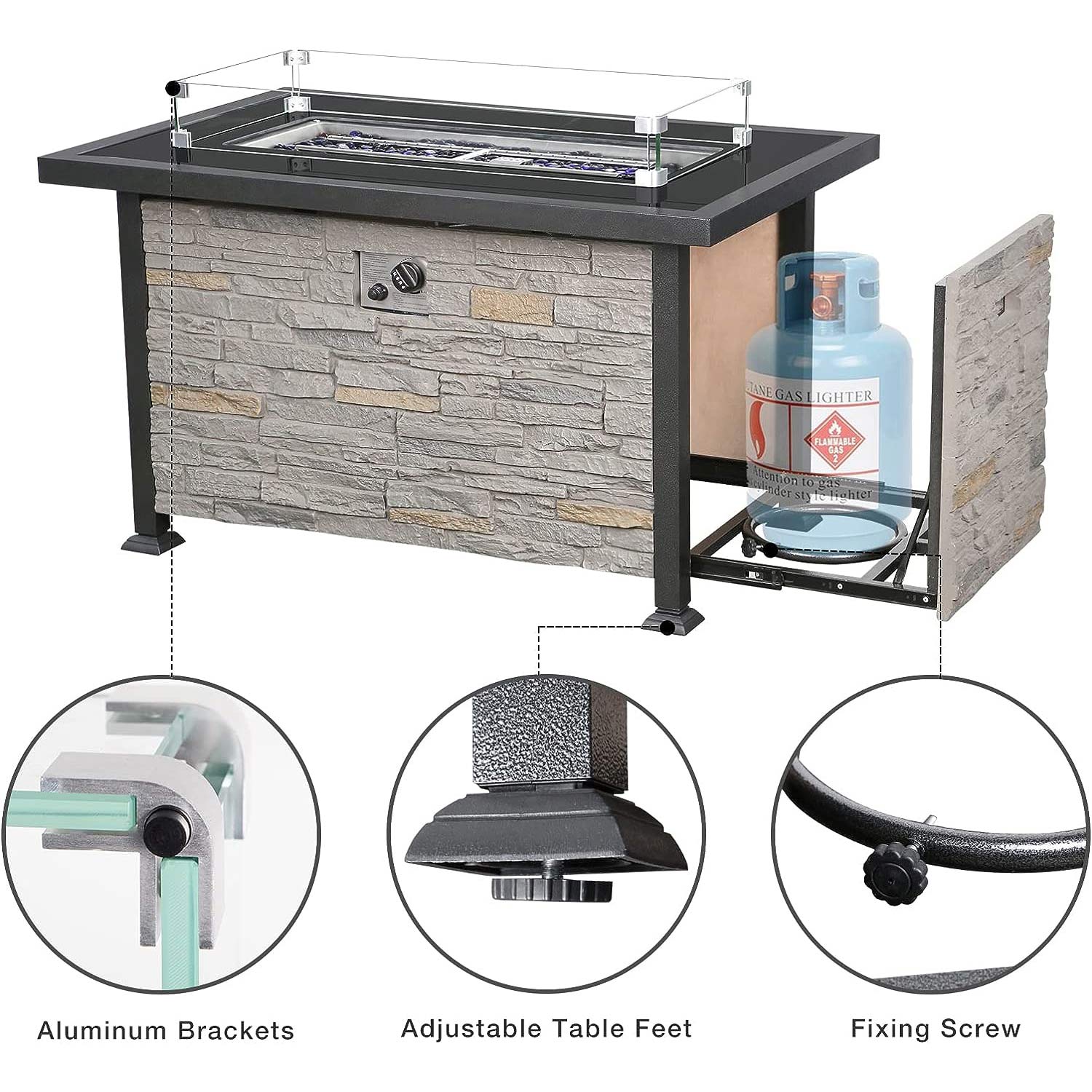 44 Inch Patio Propane Fire Pit Table with Wind Guard and Waterproof Cover, Gray | Homrest Furniture