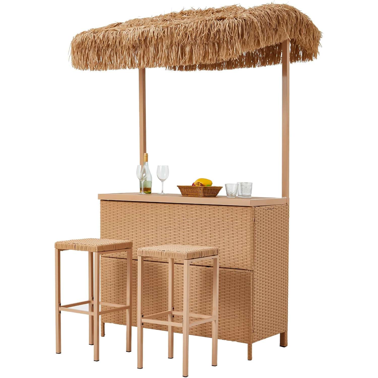 Homrest 3 pcs outdoor tiki bar set with 2 high stools, storage shelf and canopy for porch,garden and poolside, beige