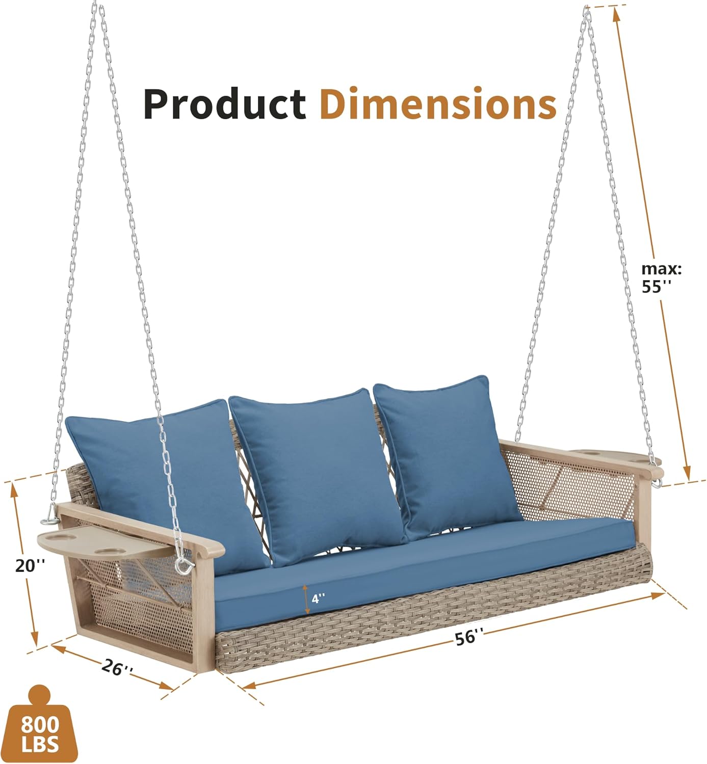 Homrest 3-Seater Outdoor Porch Swing with Cup Holders, Blue