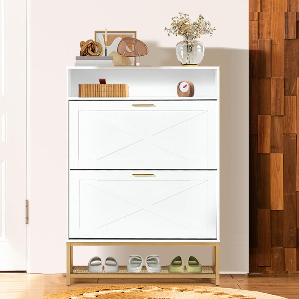 Homrest Shoe Cabinet with 2 Flip Drawers and Open Storage, White