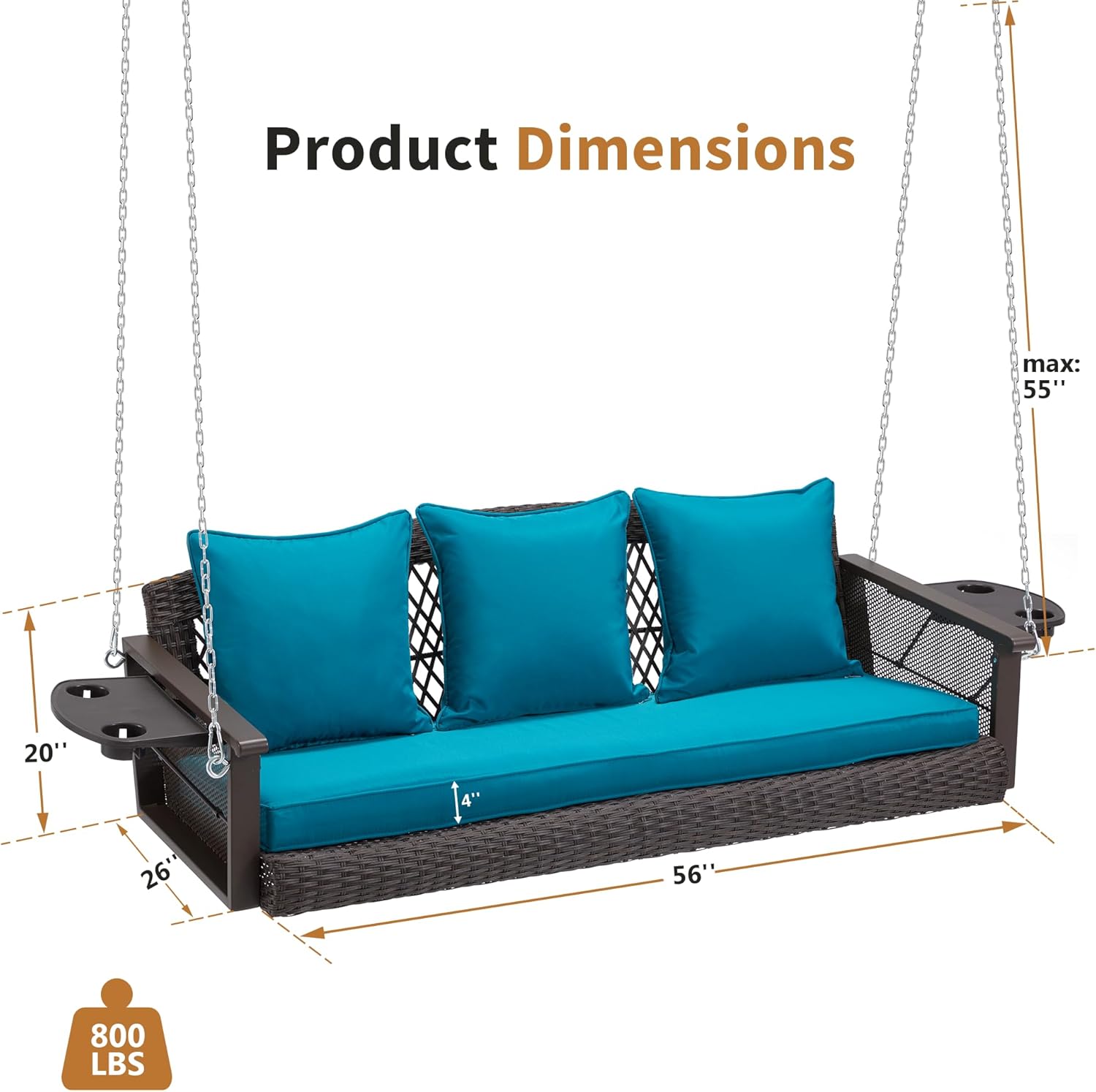 3-Seater Patio Hanging Swing Bed with Cup Holders and Cushions ,Peacock Blue