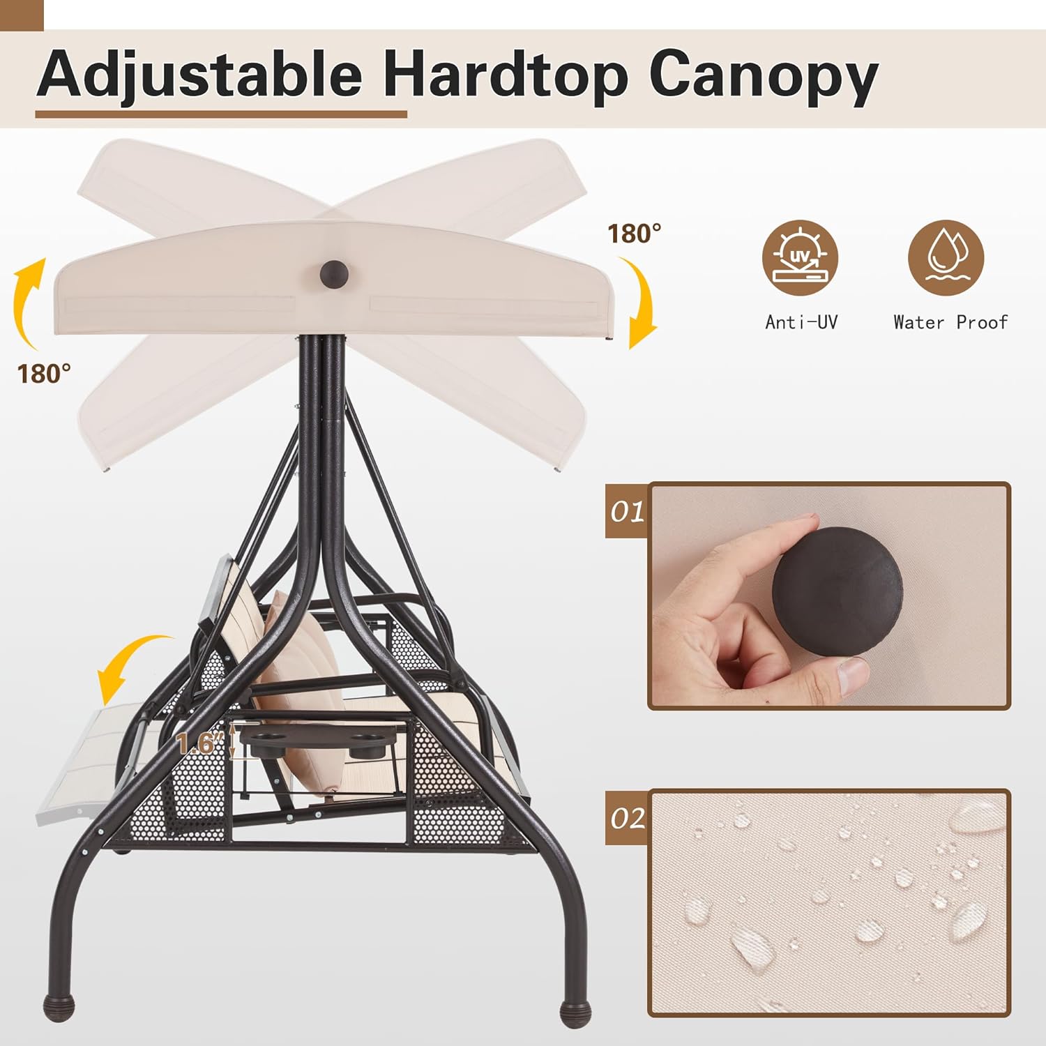Homrest Outdoor Porch Swing with Adjustable Canopy and Backrest, Khaki