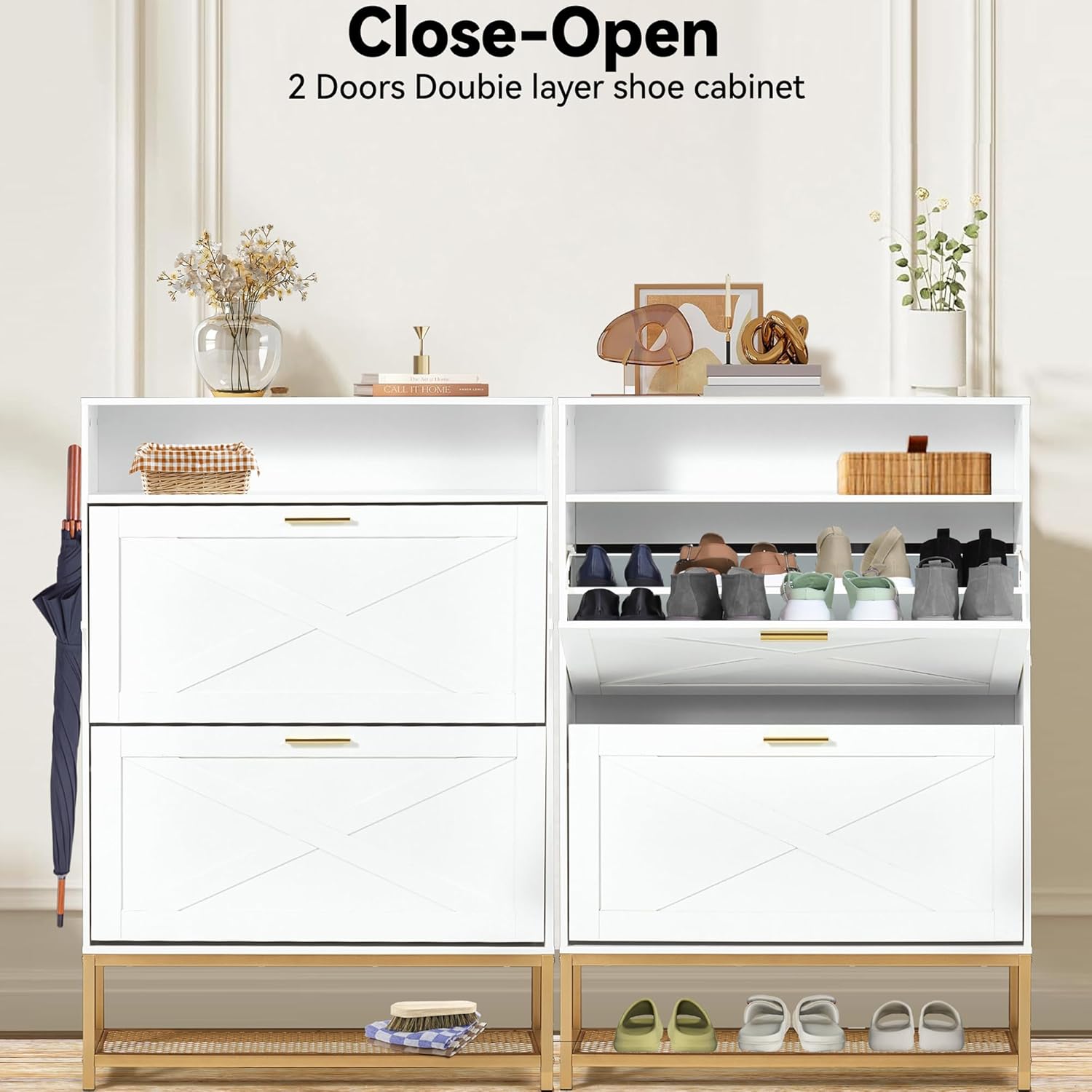 Shoe cabinet with 2 flip drawers and open storage, white | Homrest