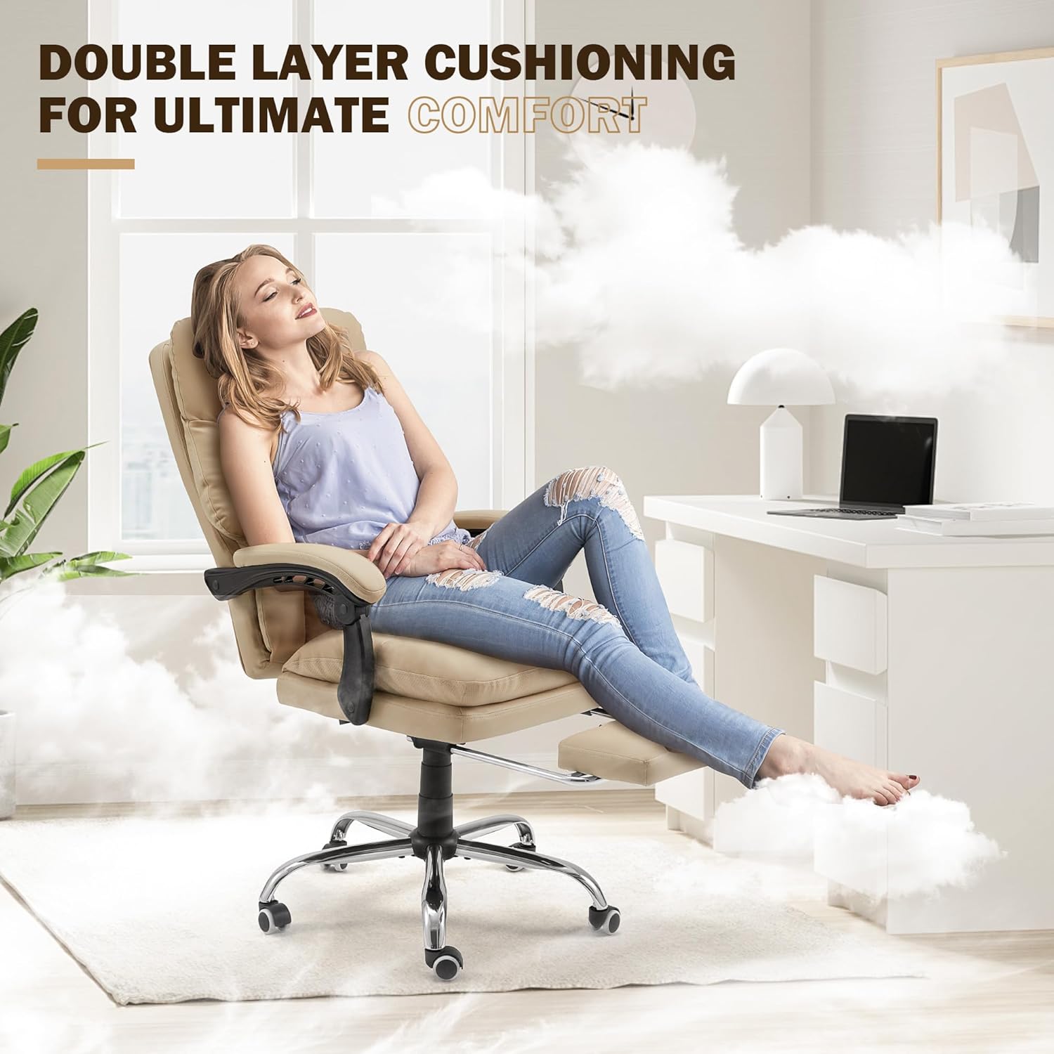 HOMREST Ergonomic Office Chair with Massage & Heating, Adjustable with Footrest, PU Leather (Khaki)