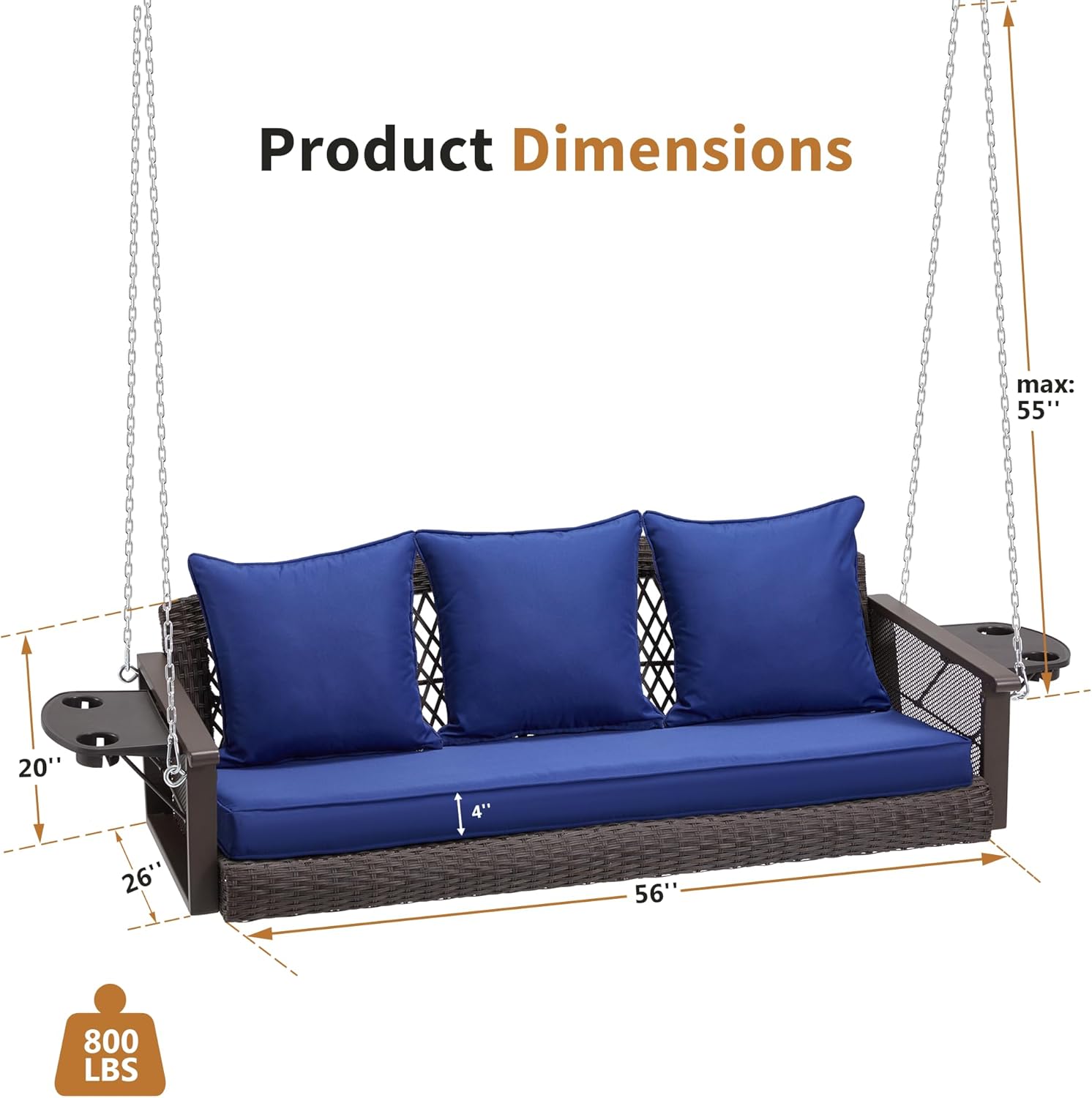 3-Seater Patio Hanging Swing Bed with Cup Holders and Cushions ,Navy Blue