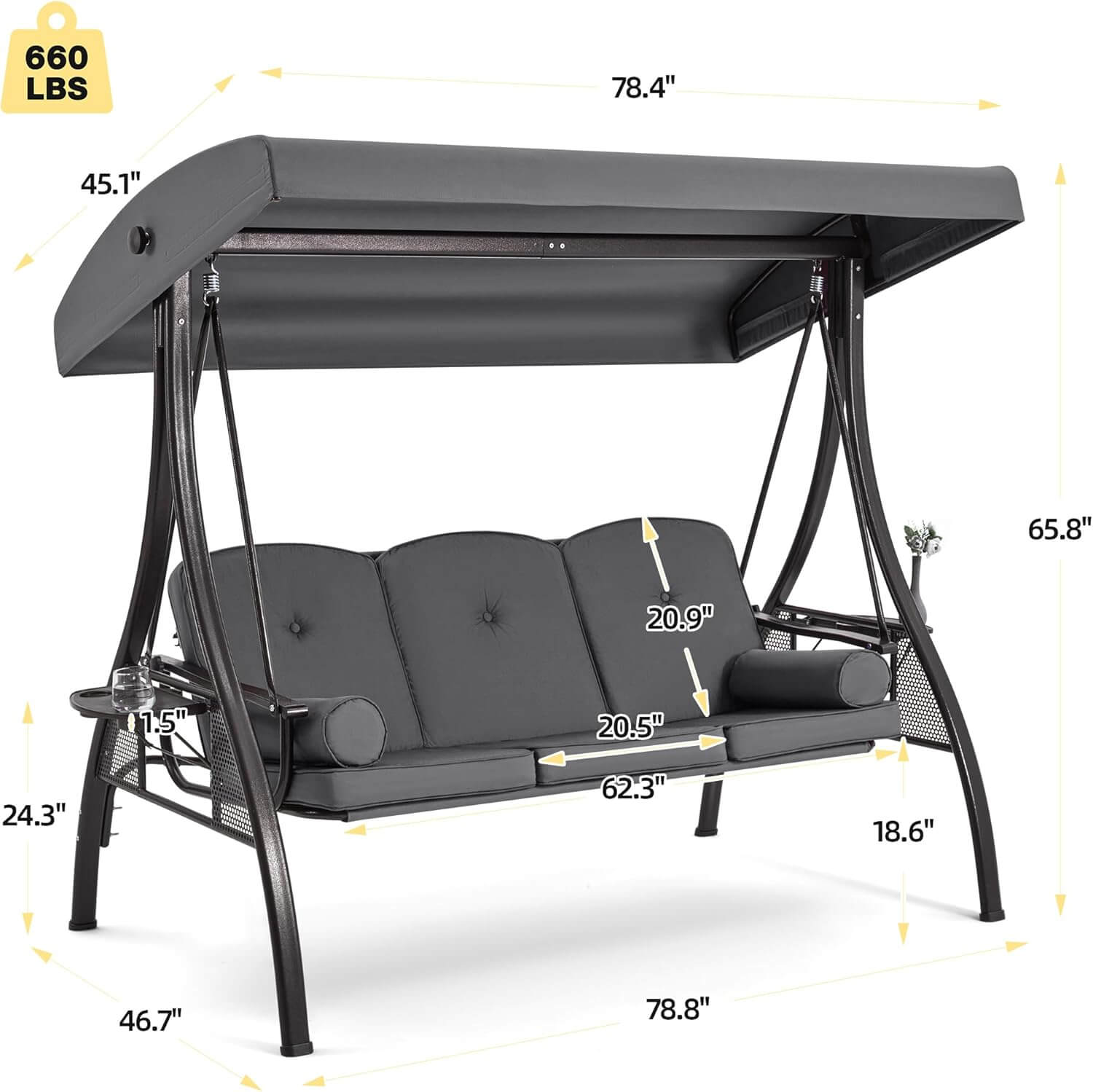 Homrest 3-Seat Outdoor Porch Swing with Adjustable Canopy and Backrest, Gray