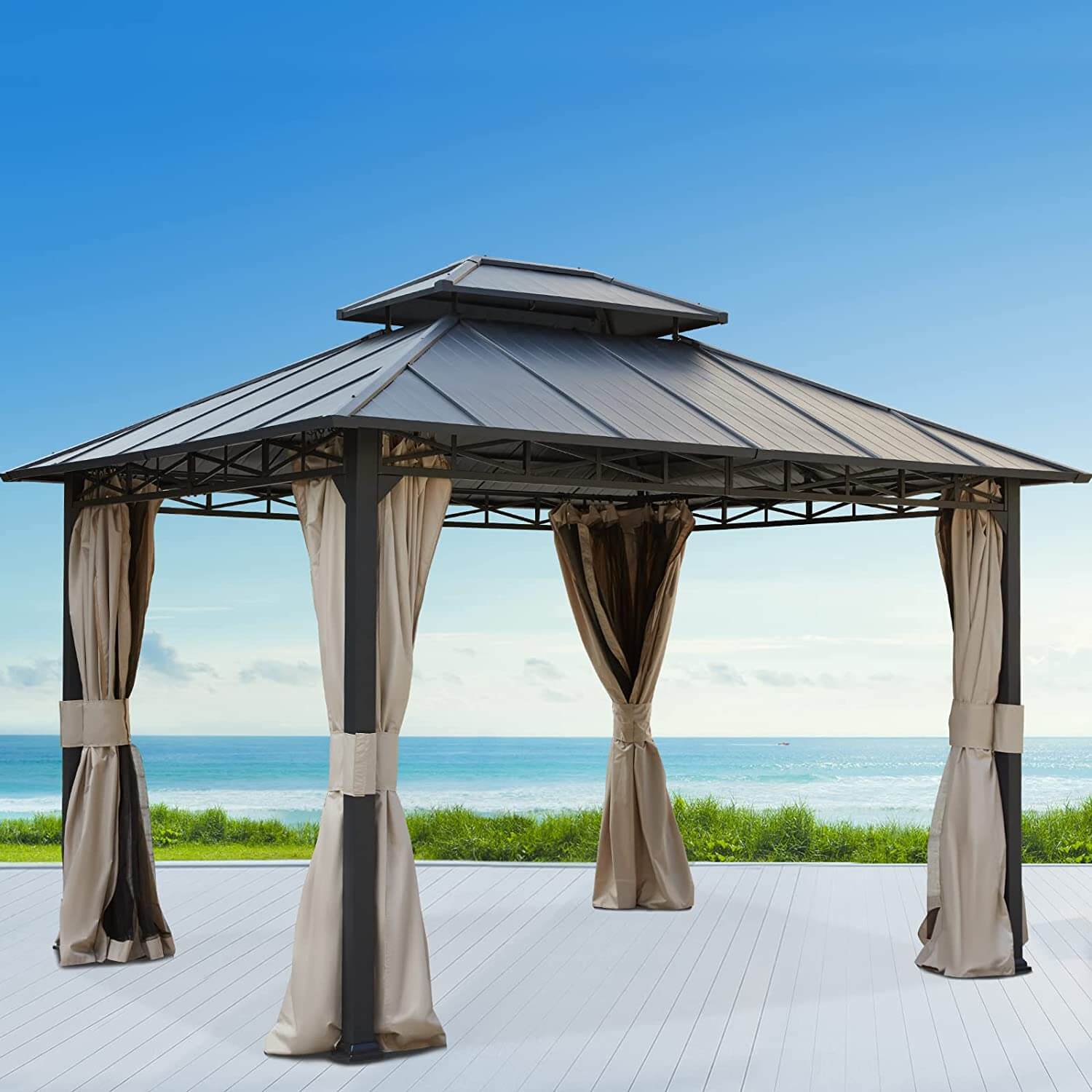 Homrest 10' x 12' Iron Gazebo Hardtop Double Roof w/ Anti-Rust Coating Frame, Waterproof Curtains & Netting