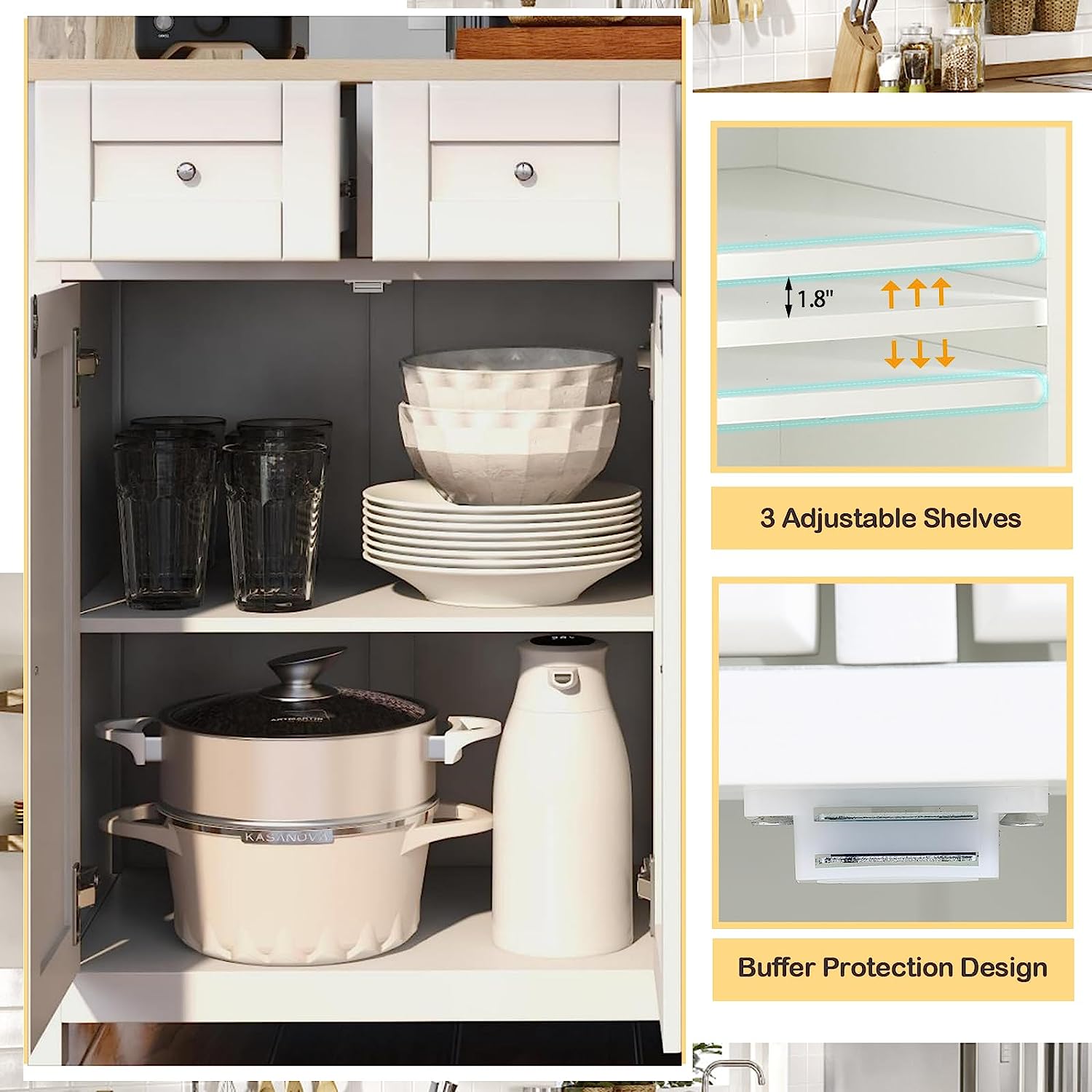 Homrest kitchen island on wheels, kitchen cart with 3 adjustable shelves and buffer protection design