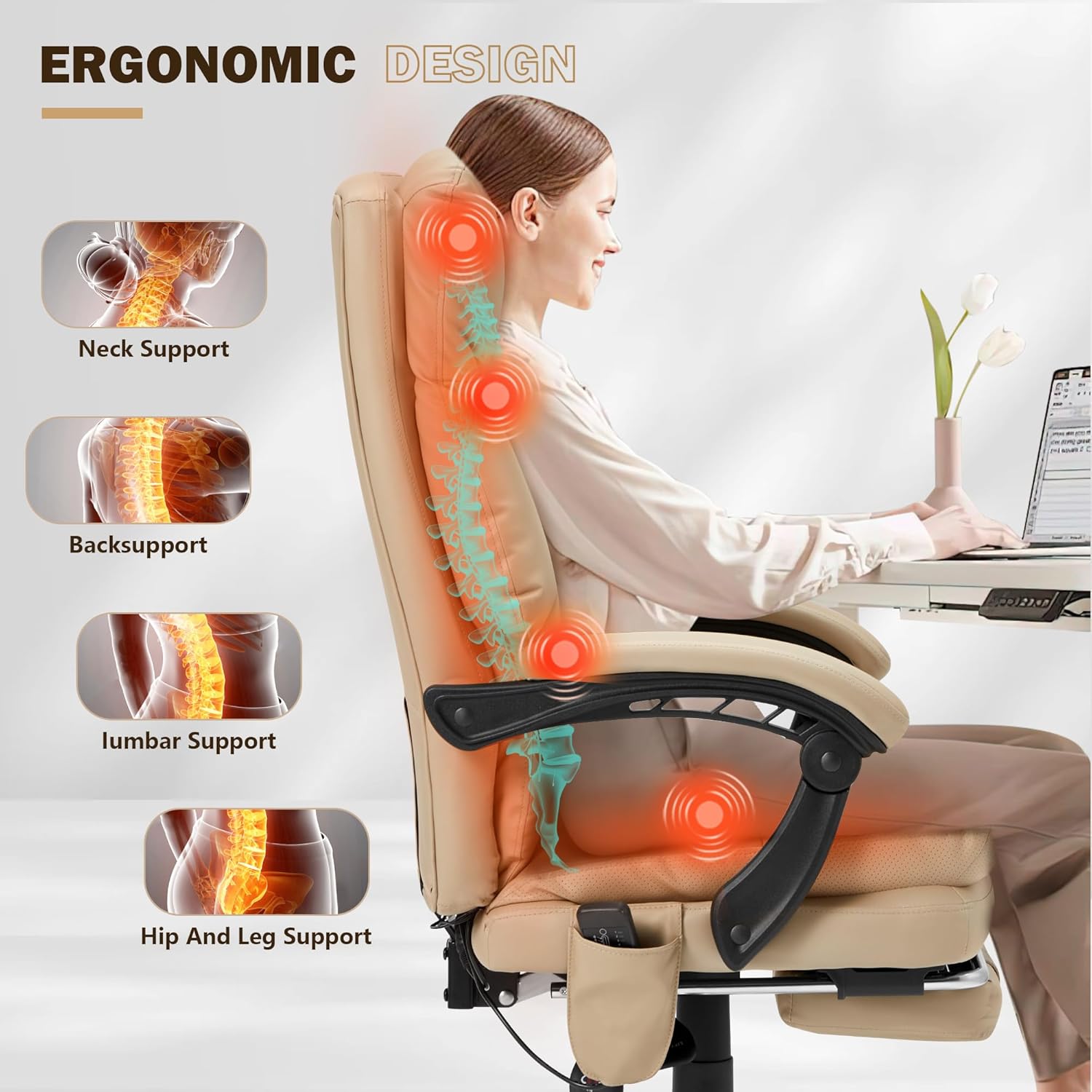 HOMREST Ergonomic Office Chair with Massage & Heating, Adjustable with Footrest, PU Leather (Khaki)