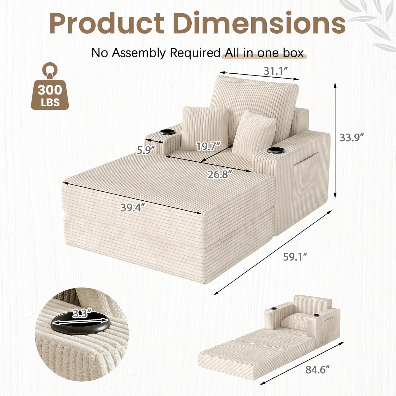 Homerset 59" Chaise Lounge Chair with Foldabe Ottoman, 3-in-1 Corduroy Upholstered Boneless Sofa Bed