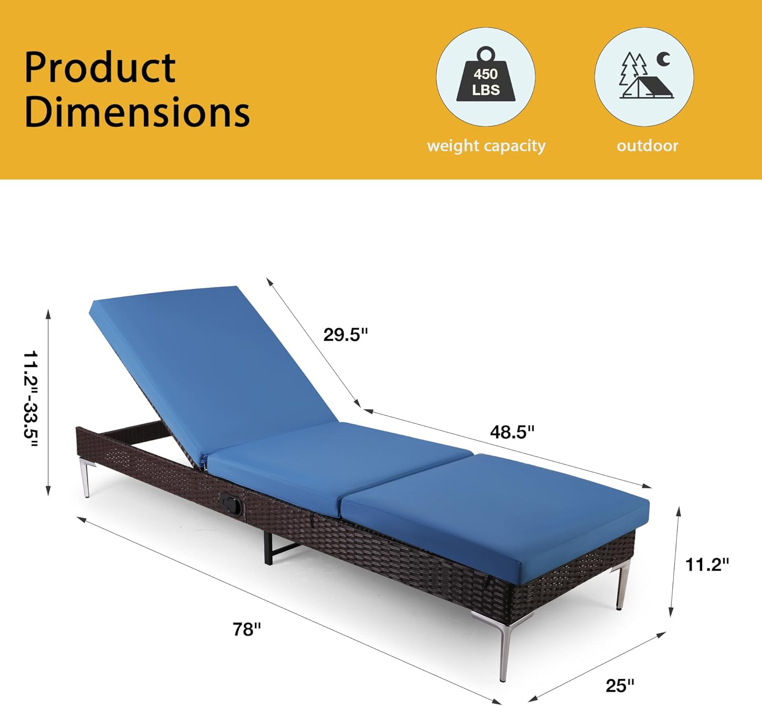 HOMREST Outdoor Chaise Lounge Chair Set of 2 with Adjustable Backrest, Navy Blue