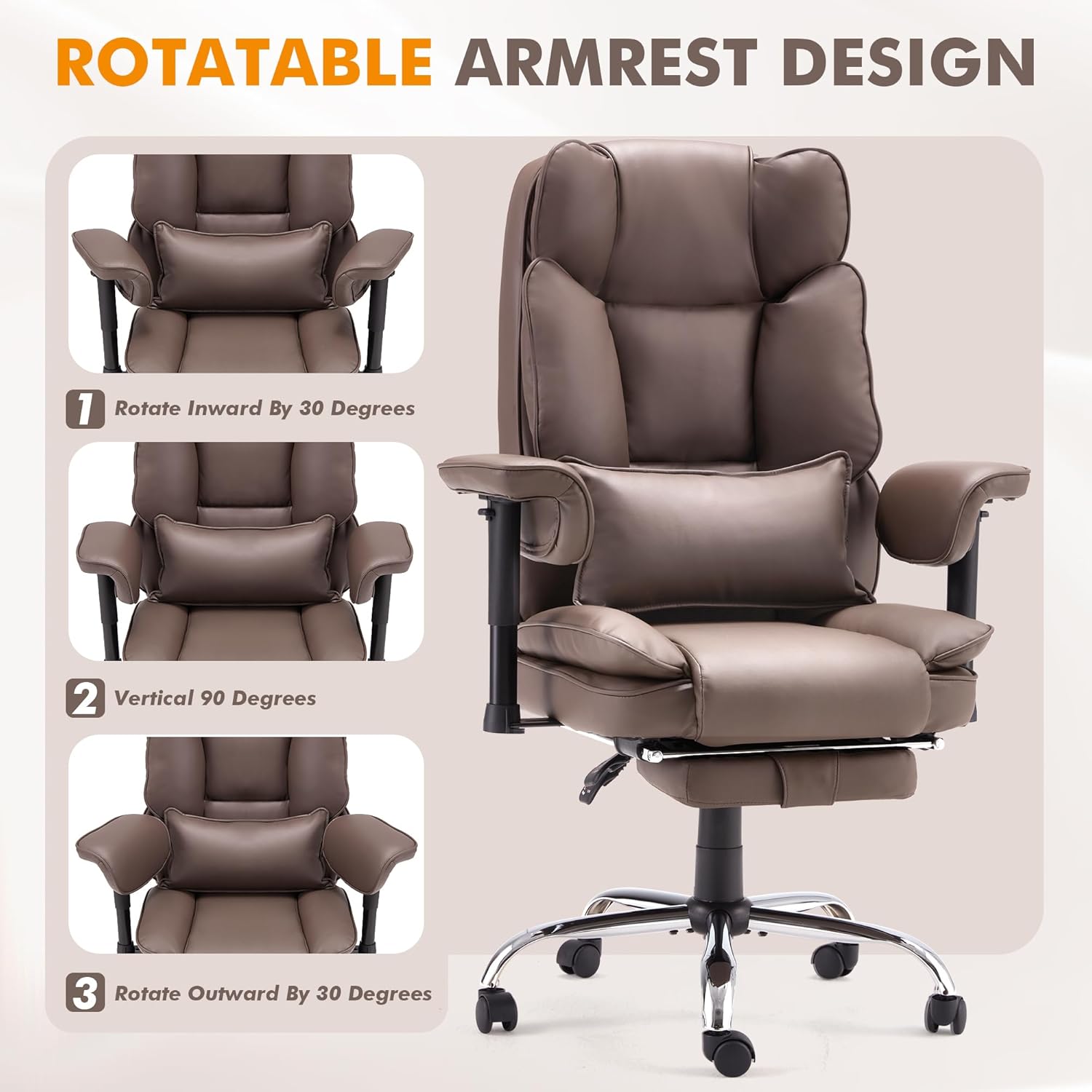 Homrest Executive Office Chair with Adjustable Reclining and Retractable Footrest, Brown