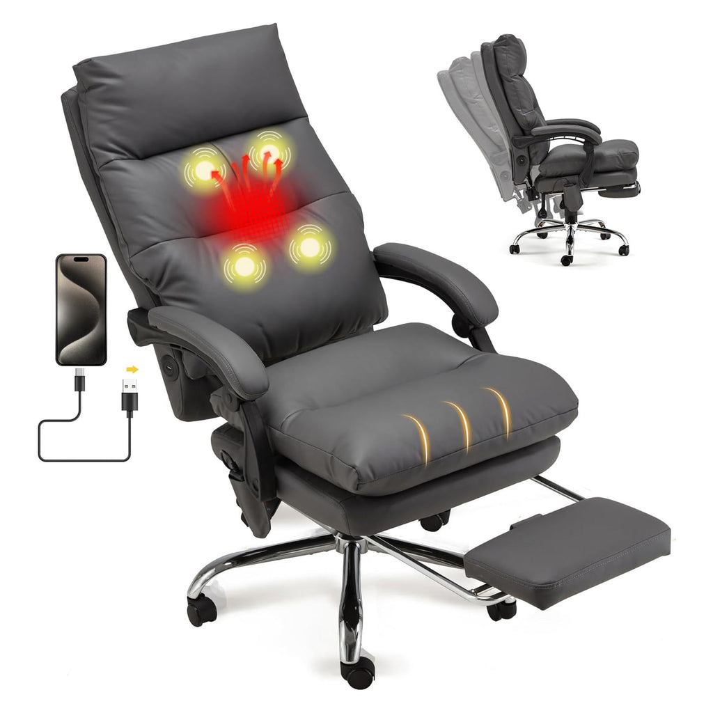 Homrest Reclining Executive Office Chair with Heat, Massage and Footrest, Dark Gray