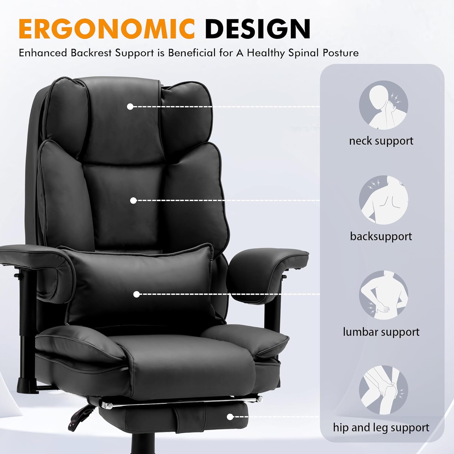 Homrest Executive Office Chair with Adjustable Reclining and Retractable Footrest, Black