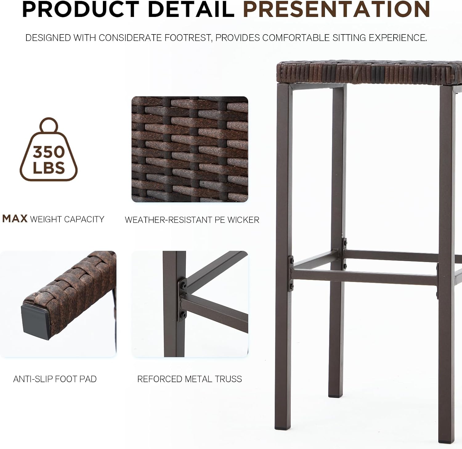 Homrest 3 pcs outdoor tiki bar set with 2 height stools, storage shelf and canopy, brown
