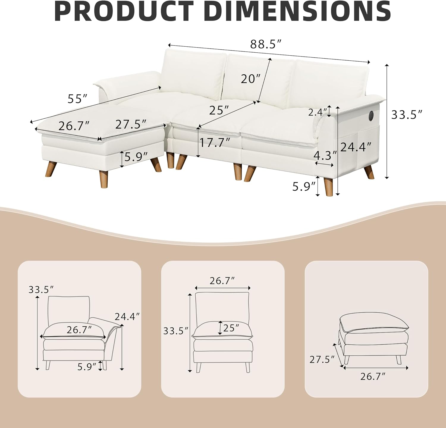 Product dimensions of Homrest sectional sofa set.