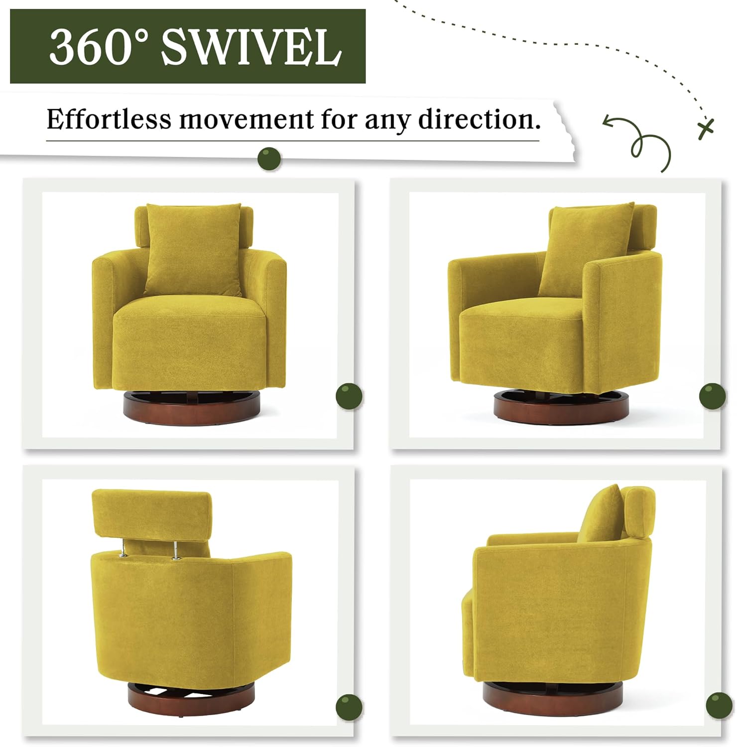 Homrest Swivel Accent Chair Armchair with Adjustment Headrest, 360° Rotation. Yellow