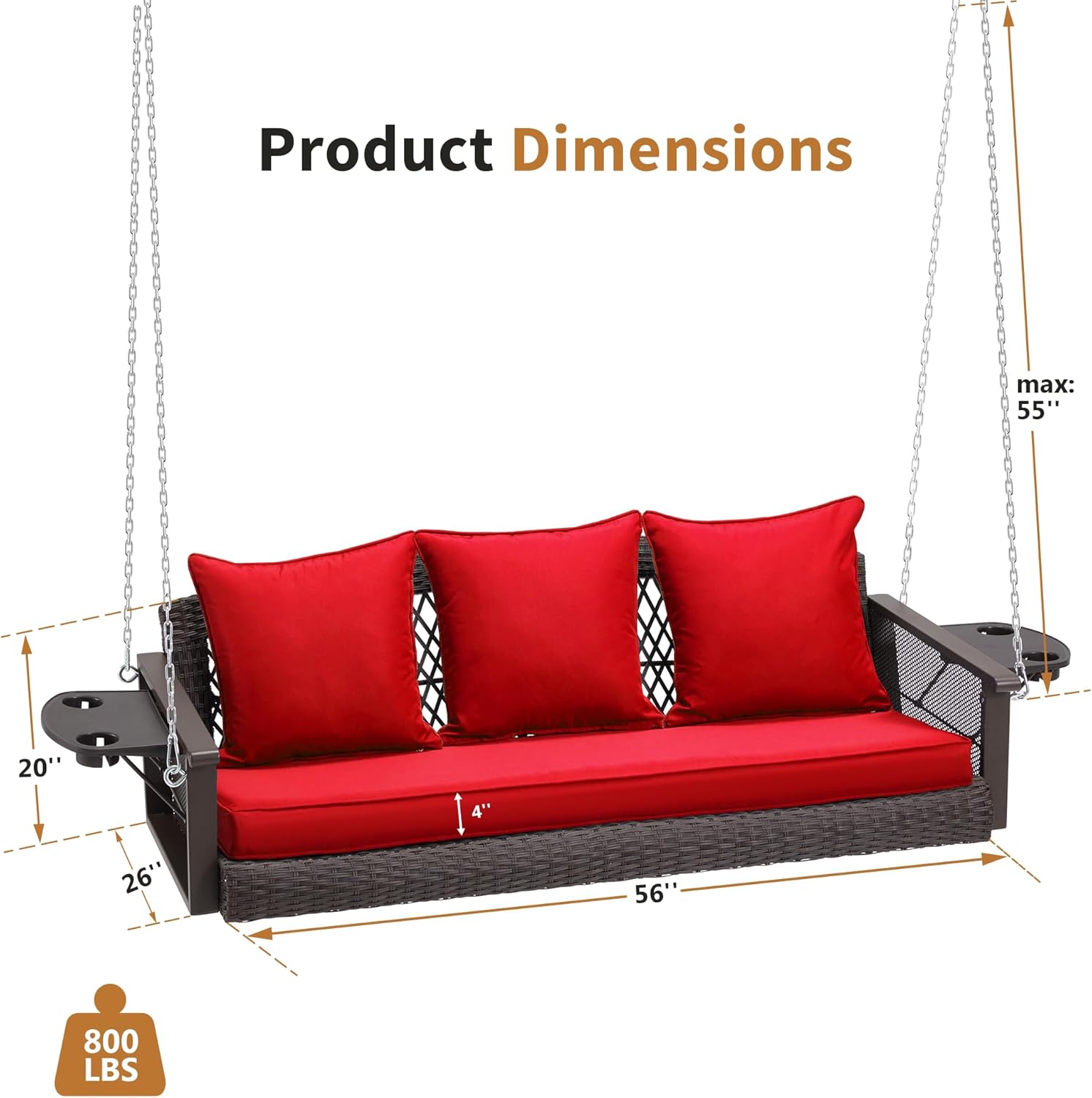 3-Seater Patio Hanging Swing Bed with Cup Holders and Cushions ,Red