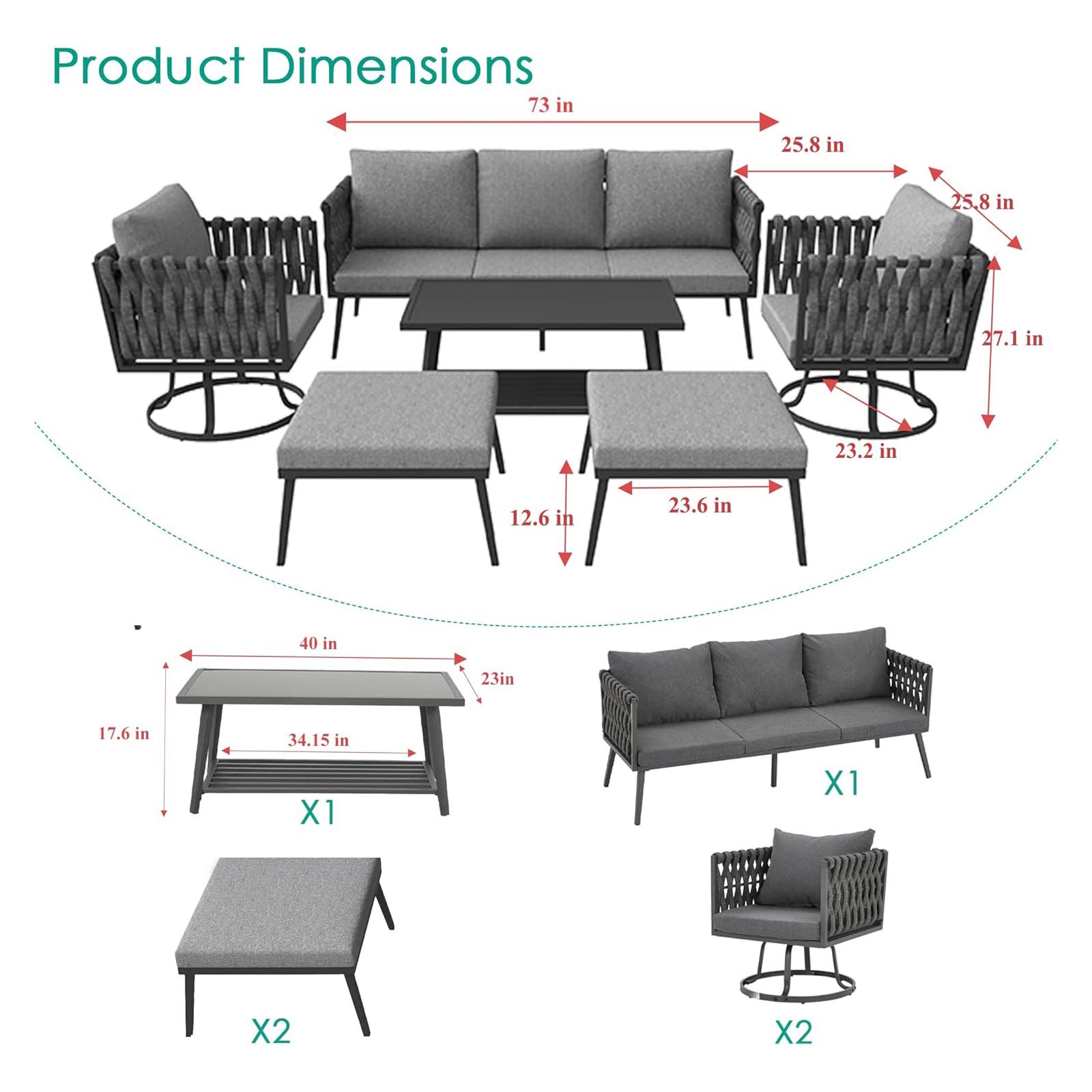 Product dimensions of Homrest 6 pieces outdoor furniture set