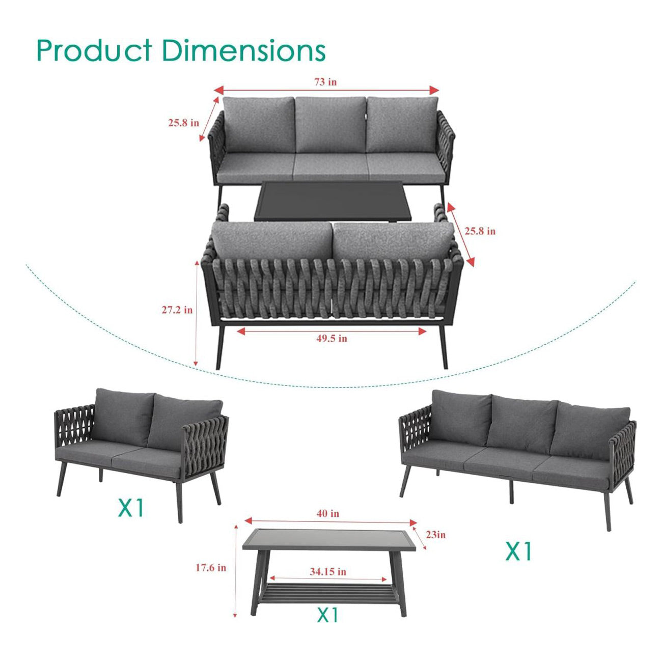 Product dimensions of Homrest 3 pieces outdoor sofa set