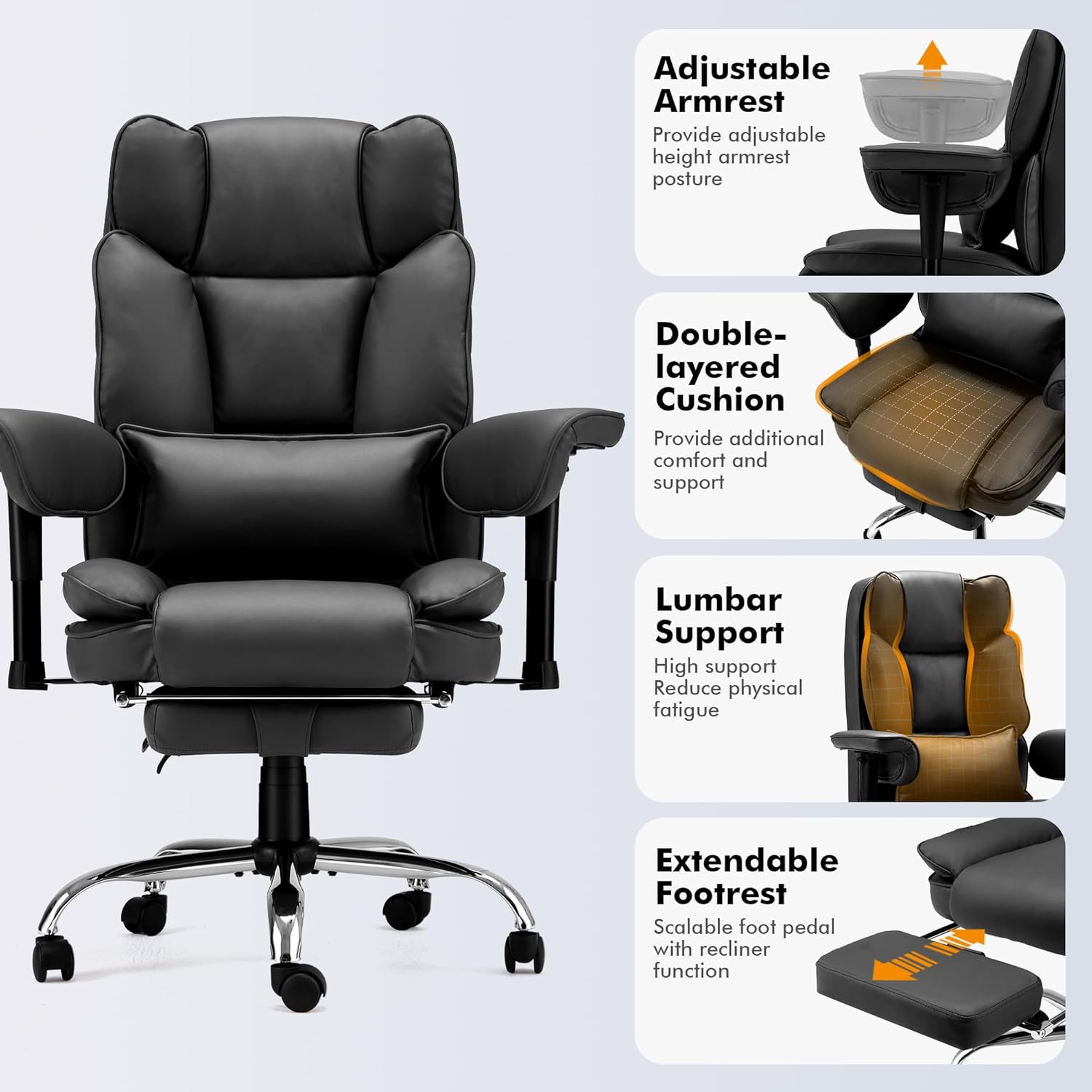 Homrest Executive Office Chair with Adjustable Reclining and Retractable Footrest, Black