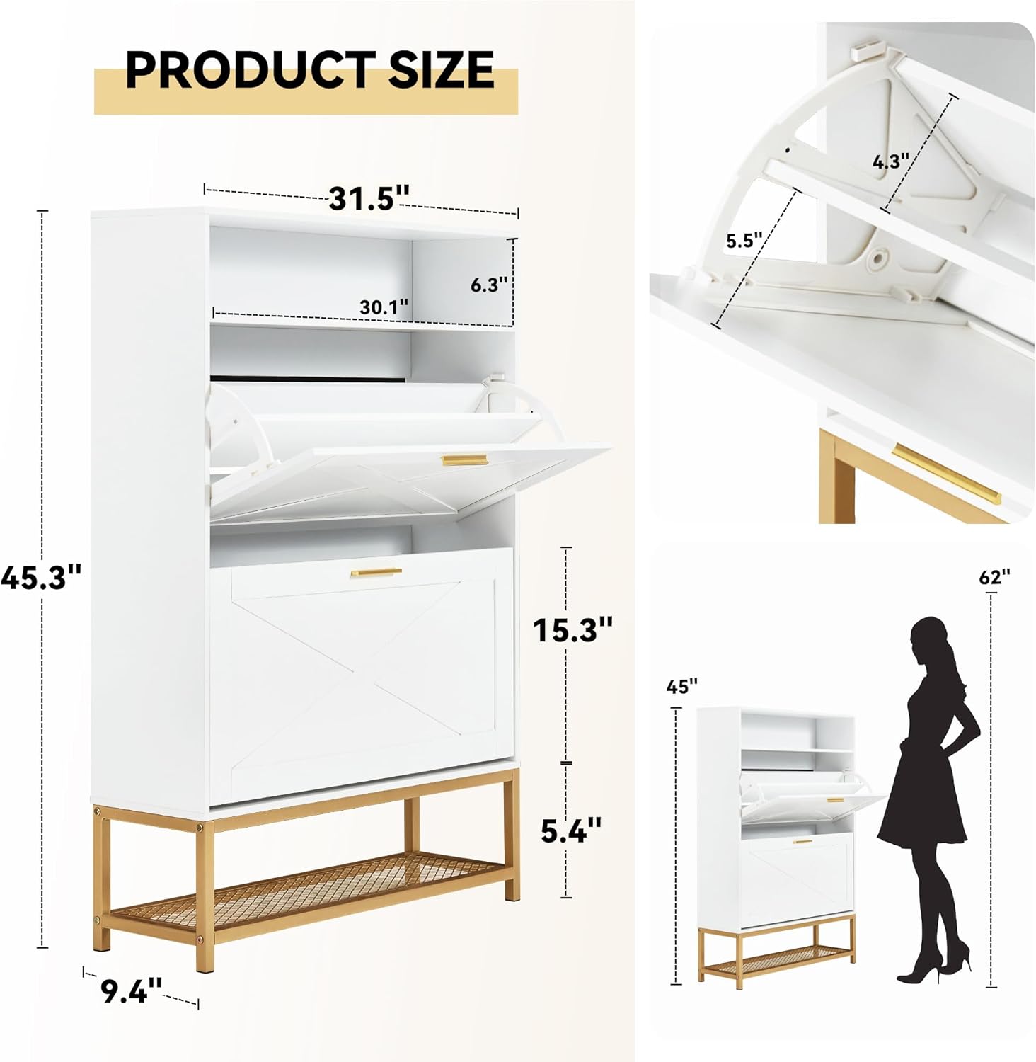 Shoe cabinet with 2 flip drawers and open storage, white | Homrest