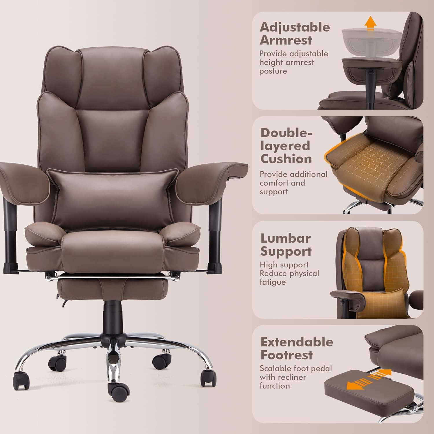 Homrest Executive Office Chair with Adjustable Reclining and Retractable Footrest, Brown