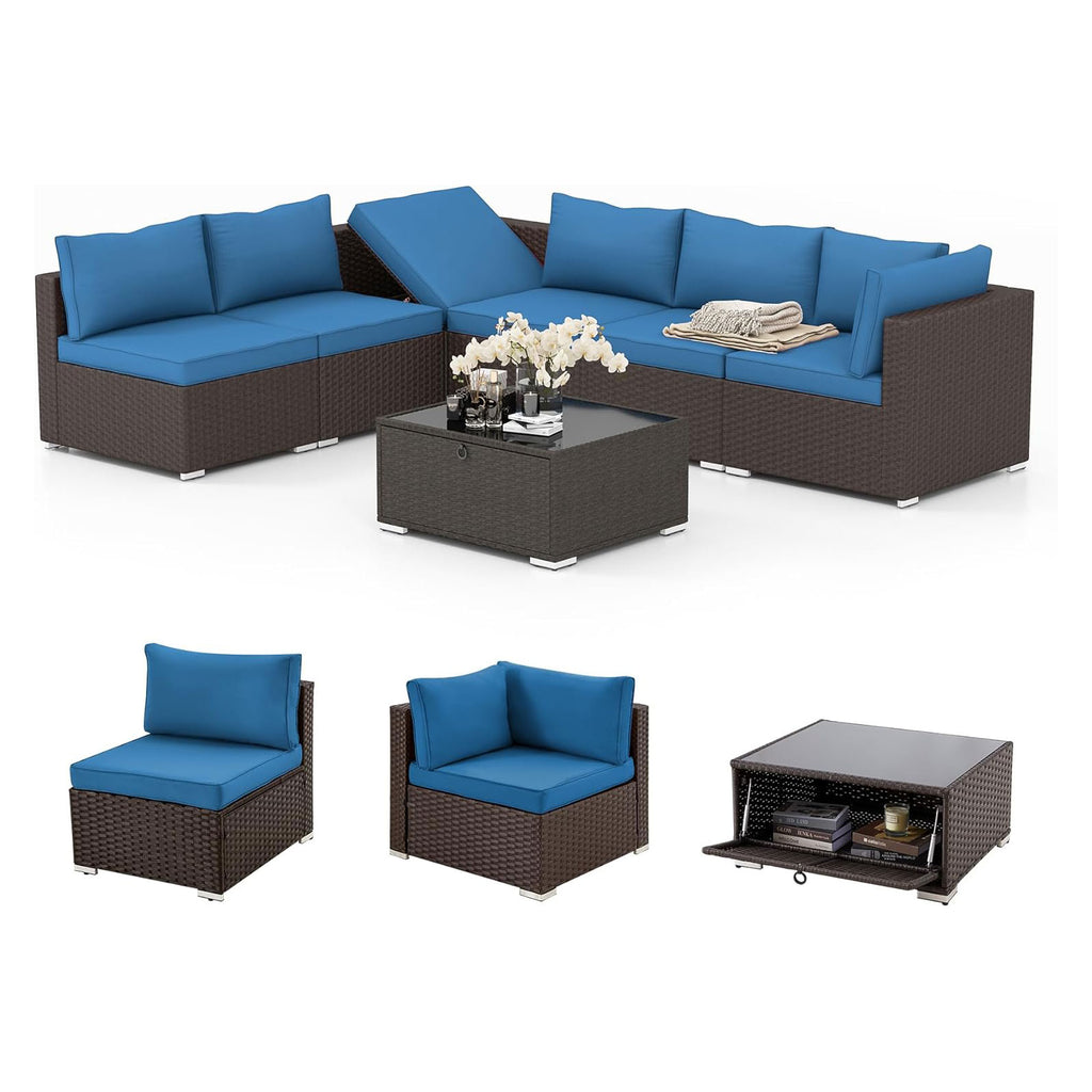 Homrest 7 Piece Outdoor Patio Furniture with Storage Table, Cushions and Pillows, Blue