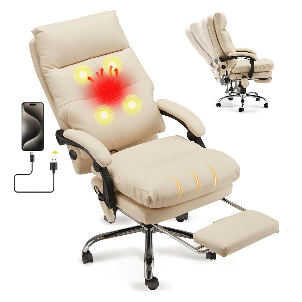 Homrest Reclining Executive Office Chair with Heat, Massage and Footrest, Beige